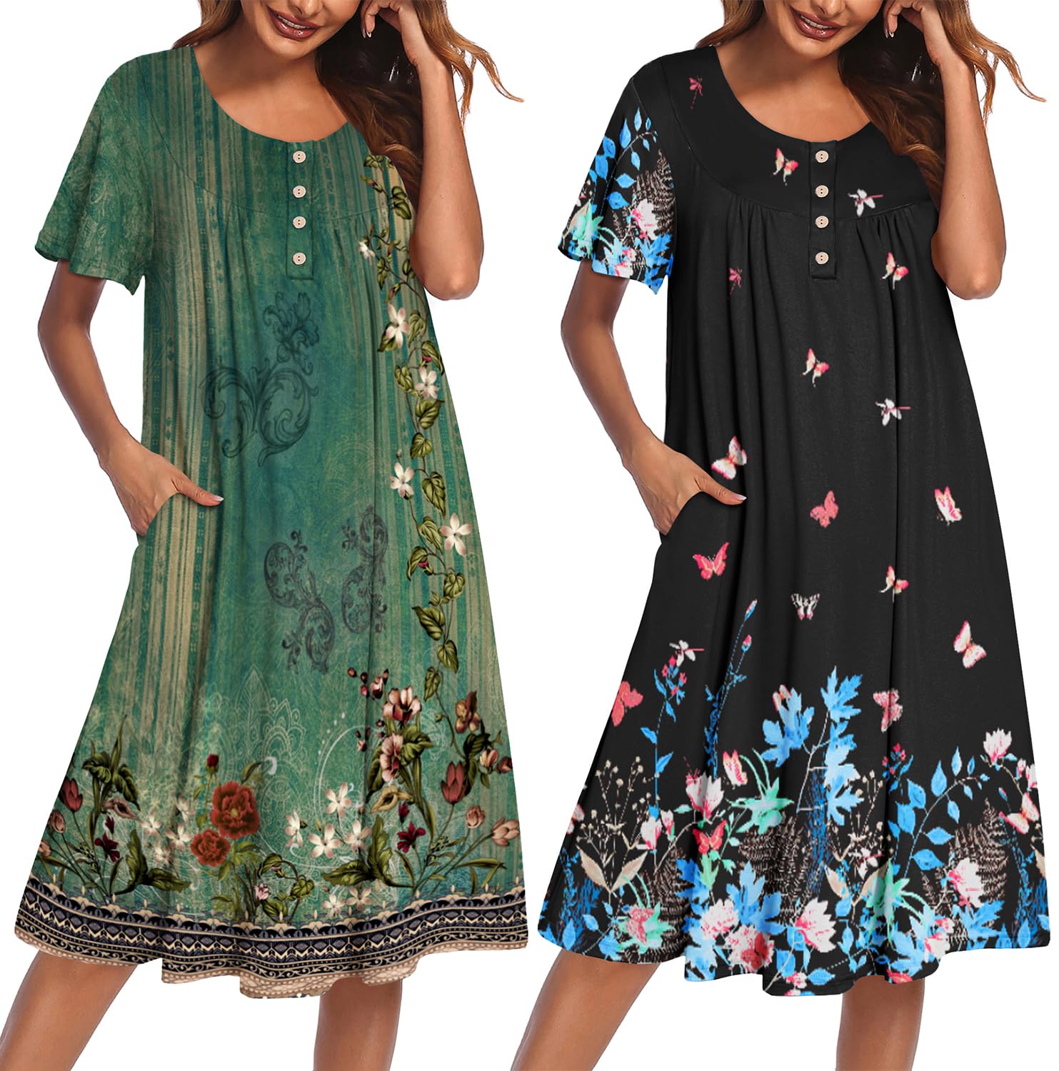 Ekouaer 2 Pack House Dresses for Women with Pockets Short Sleeve Moo Moos | Ruffle Sleeve Mumu Dress, Soft Button Front Nightgown, Two Side Pockets, Comfy Sleepwear, Perfect for Your Mom, Grandma, Gift WEBE CLOTHING