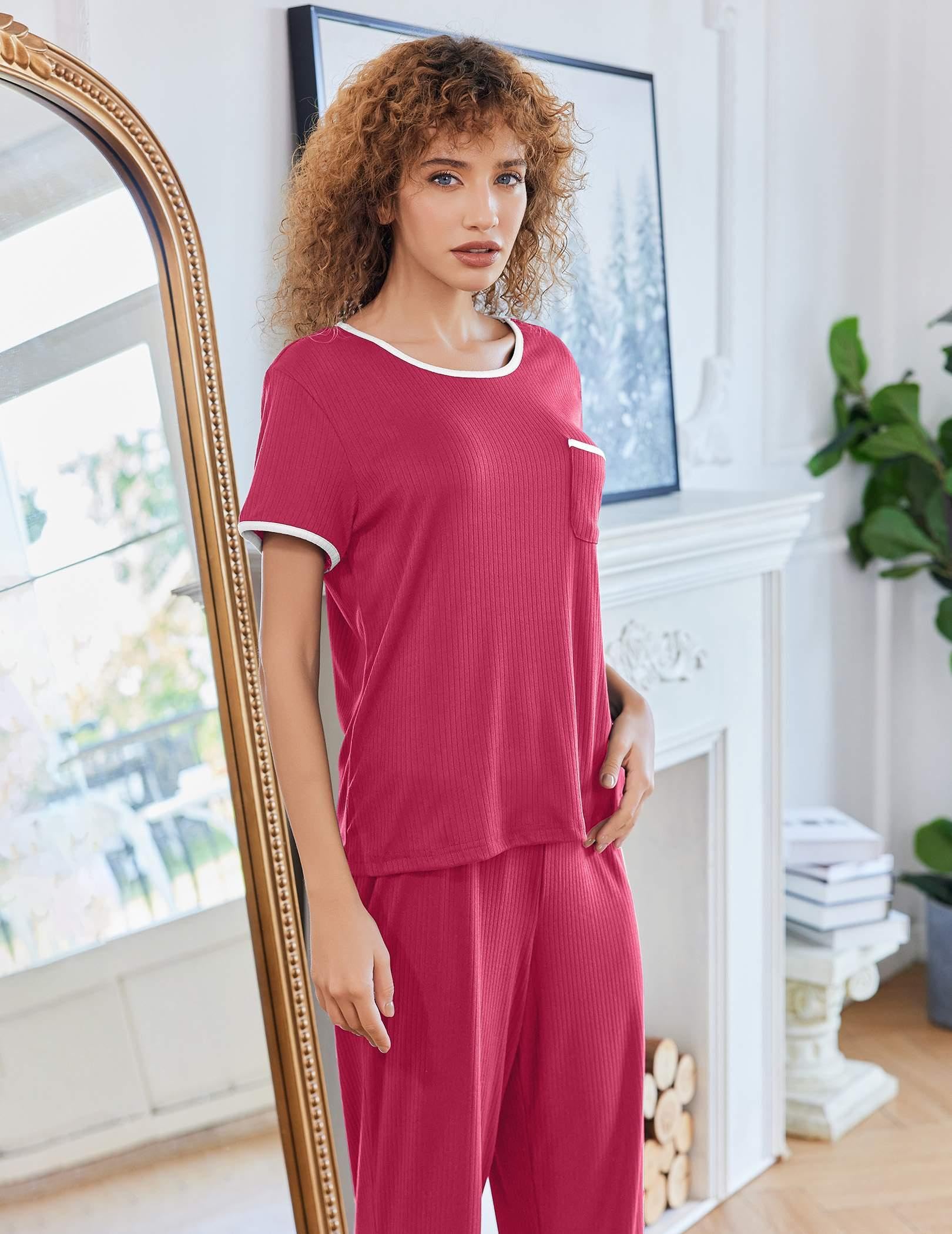Ekouaer Women Lounge Pajamas Sets Ribbed Knit PJ Short Sleeve and Long Pajama Pant Soft 2 Piece Sleepwear Loungwear Set