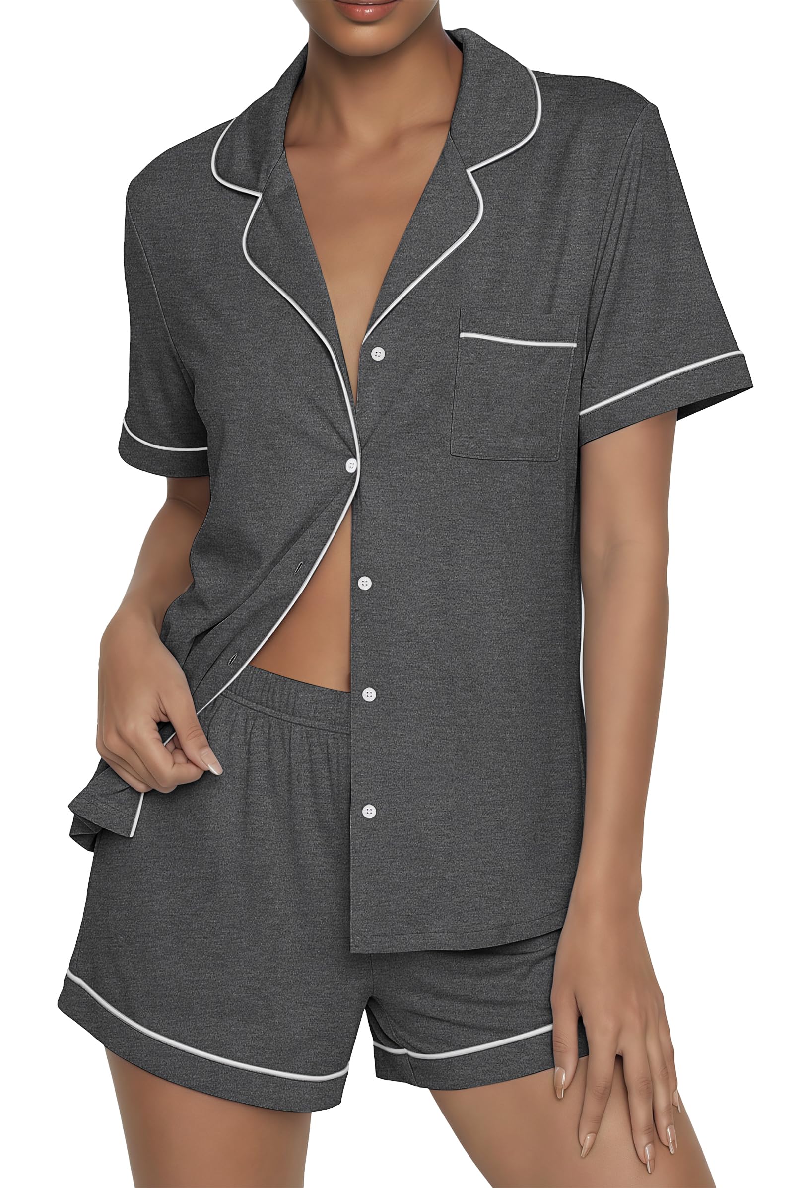 Ekouaer Womens Pajama Sets Button Up Summer Pjs 2 Piece Short Sleeve Sleepwear Lounge Set S-XXL