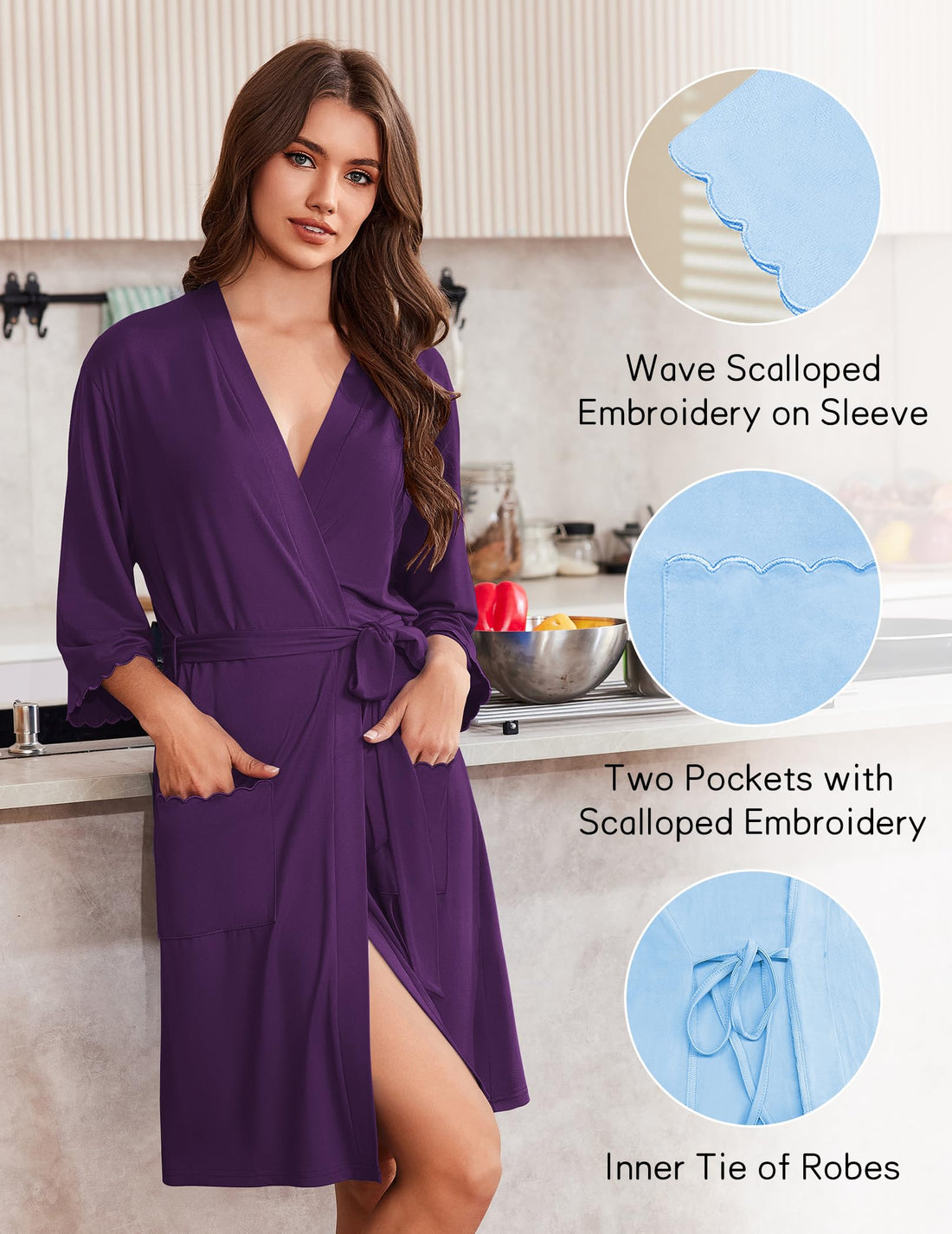 Ekouaer Robes for Women Knee Length Kimono Bathrobe Lightweight 3/4 Sleeve Sleepwear Soft Loungewear with Pockets S-XXL WEBE CLOTHING