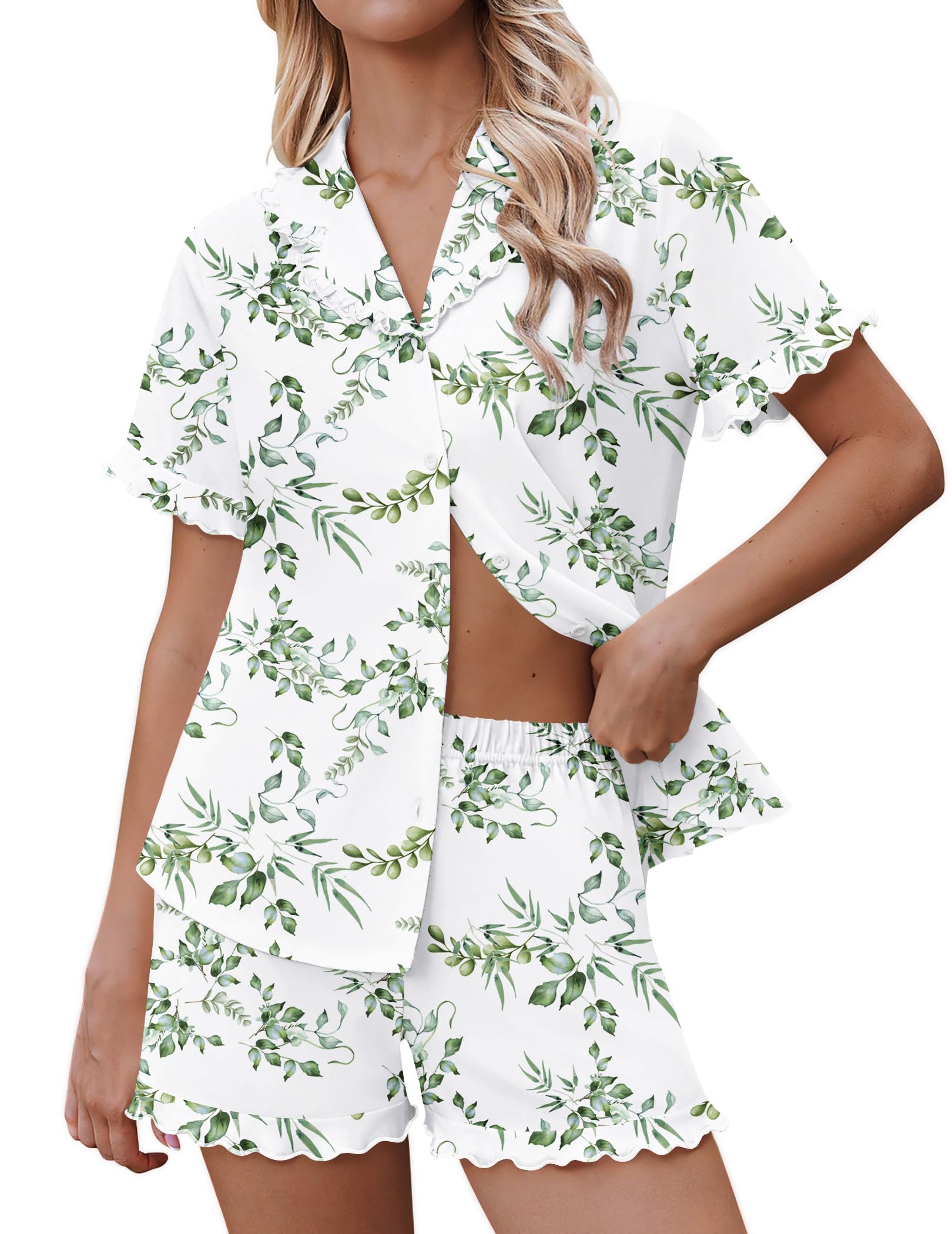 Ekouaer Pajamas for Women Sets Cute Pjs Button Down 2 Piece Short Sleeve Ruffle Lounge Set Sleepwear WEBE CLOTHING