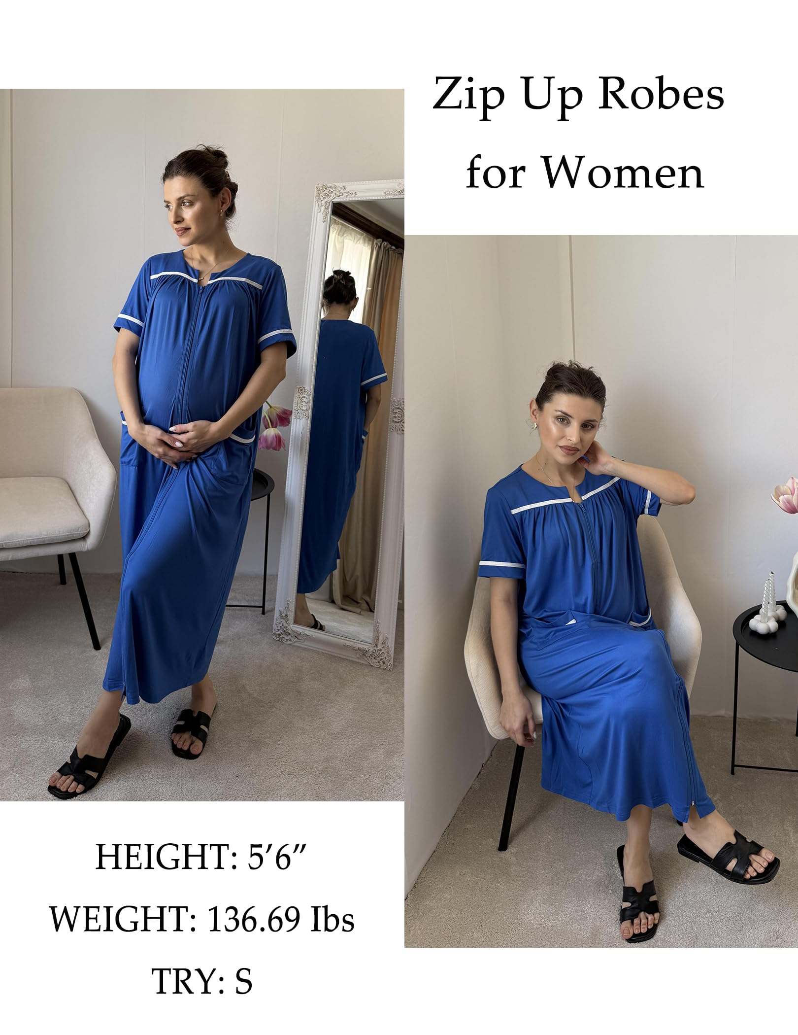 Ekouaer Zipper Robes for Women Short Sleeve Bathrobe Soft Lightweight Housecoat Full Length Nightgown with Pockets S-3XL WEBE CLOTHING