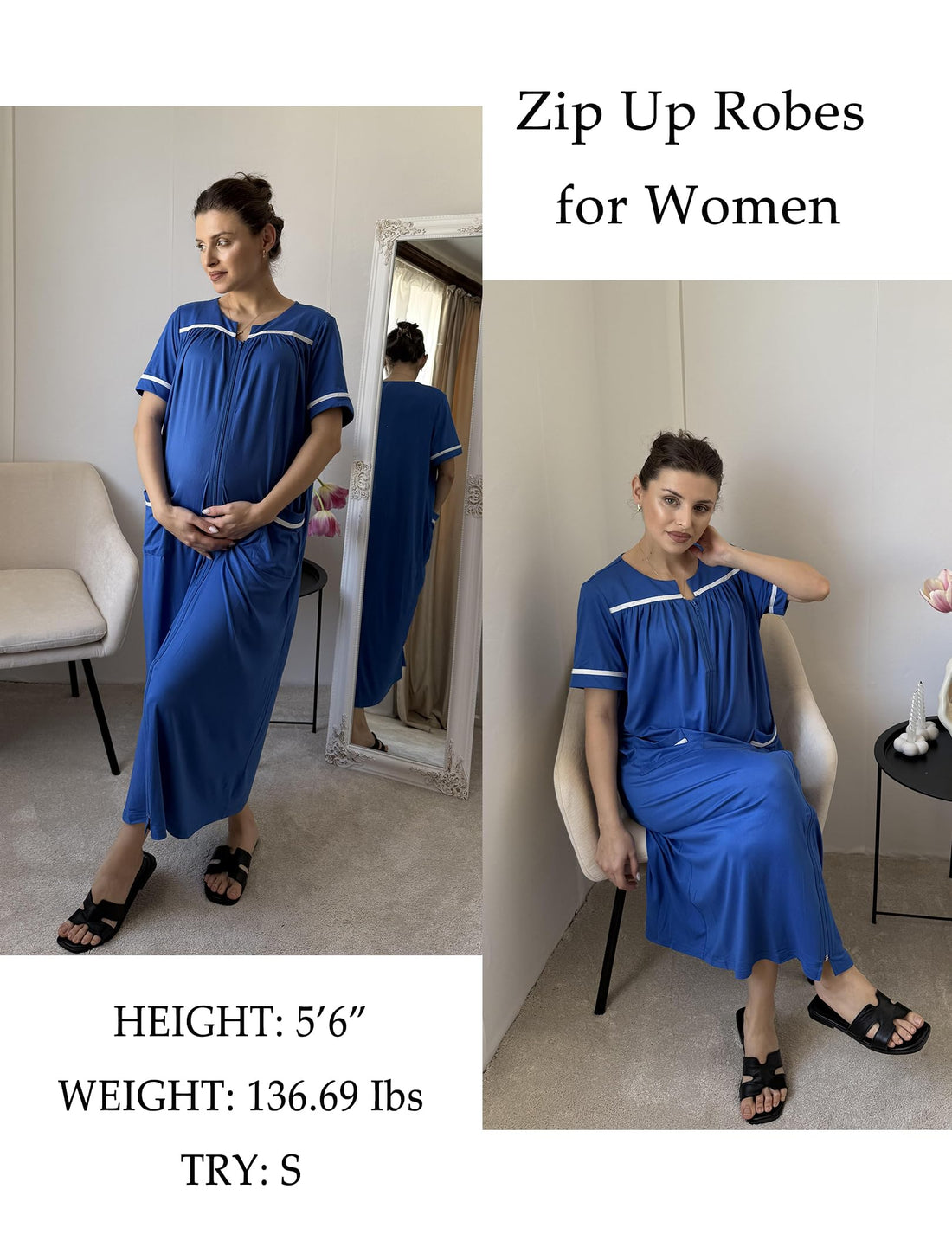 Ekouaer Zipper Robes for Women Short Sleeve Bathrobe Soft Lightweight Housecoat Full Length Nightgown with Pockets S-3XL WEBE CLOTHING