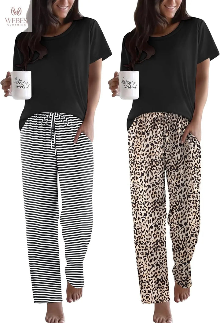 Ekouaer 2 Pack Pajamas for Women Set Short Sleeve Pj Top and Printed Pants | Soft PJs Cozy Printed Lounge Sets Comfy Sleepwear with Pockets WEBE CLOTHING
