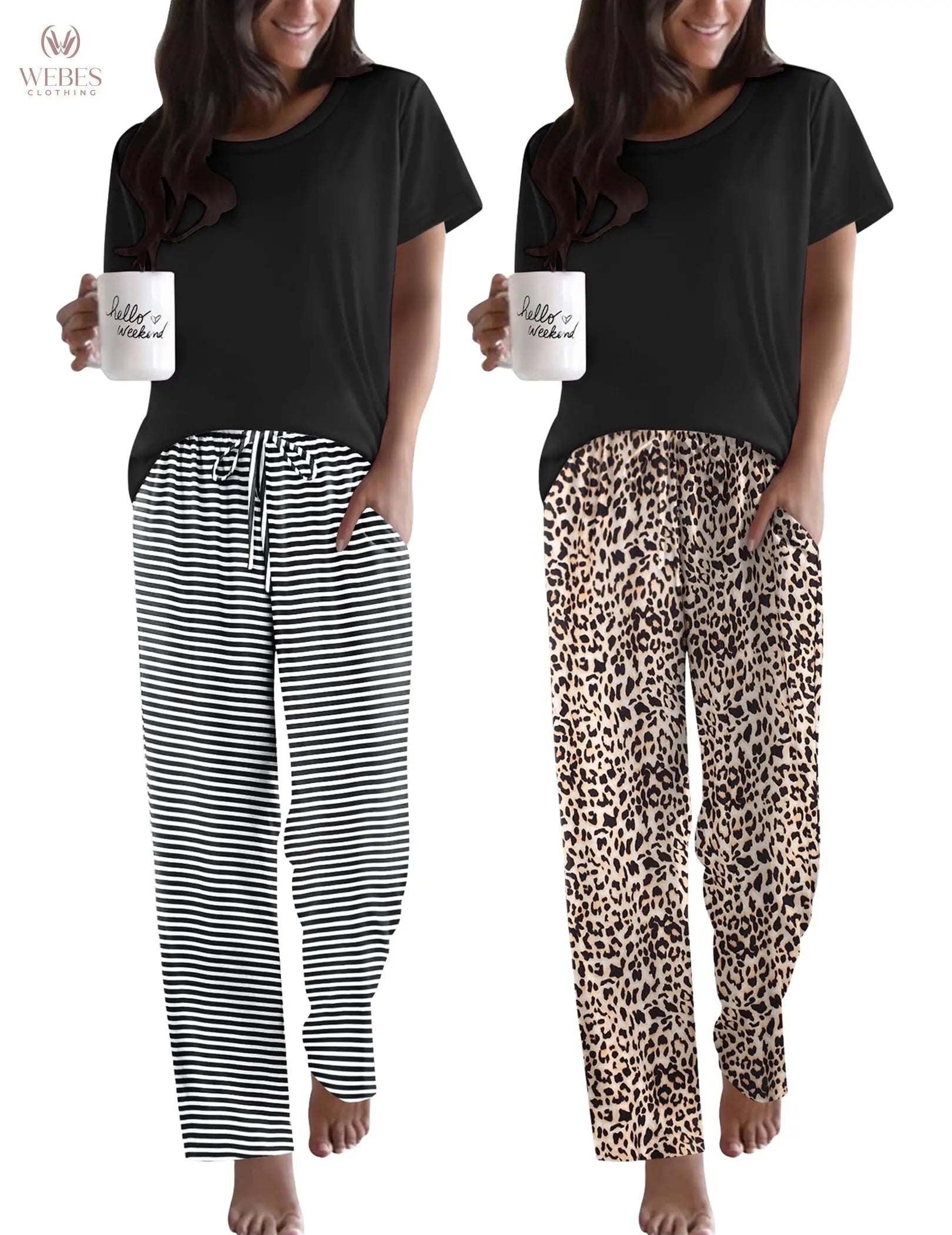 Ekouaer 2 Pack Pajamas for Women Set Short Sleeve Pj Top and Printed Pants | Soft PJs Cozy Printed Lounge Sets Comfy Sleepwear with Pockets WEBE CLOTHING