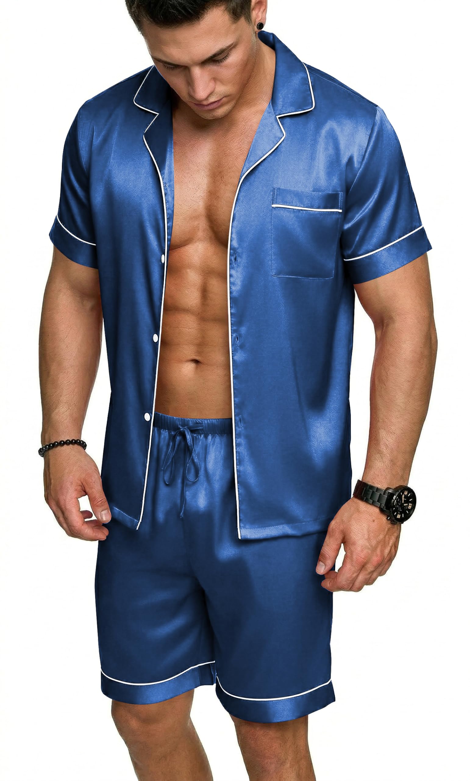 Ekouaer Mens Silk Satin Pajamas Set, Short Sleeve Sleepwear Lightweight Button Up Lounge Pjs Set with Pockets S-4XL WEBE CLOTHING