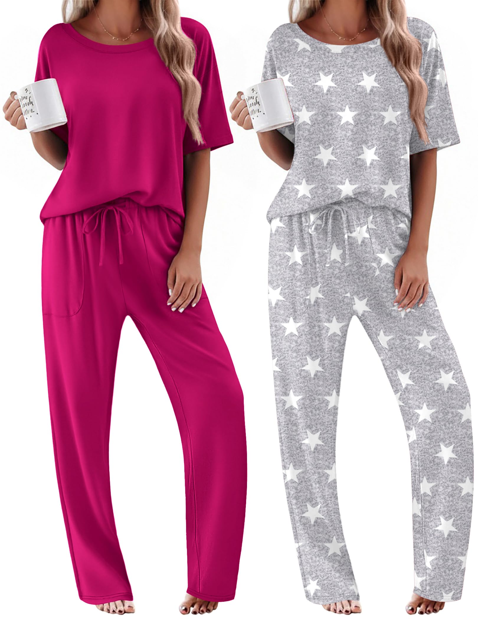 Ekouaer 2 Pack Womens Pajama Sets Short Sleeve Tops and Long Pants Casual Comfy Pjs Lounge Set with Pockets,S-XXL