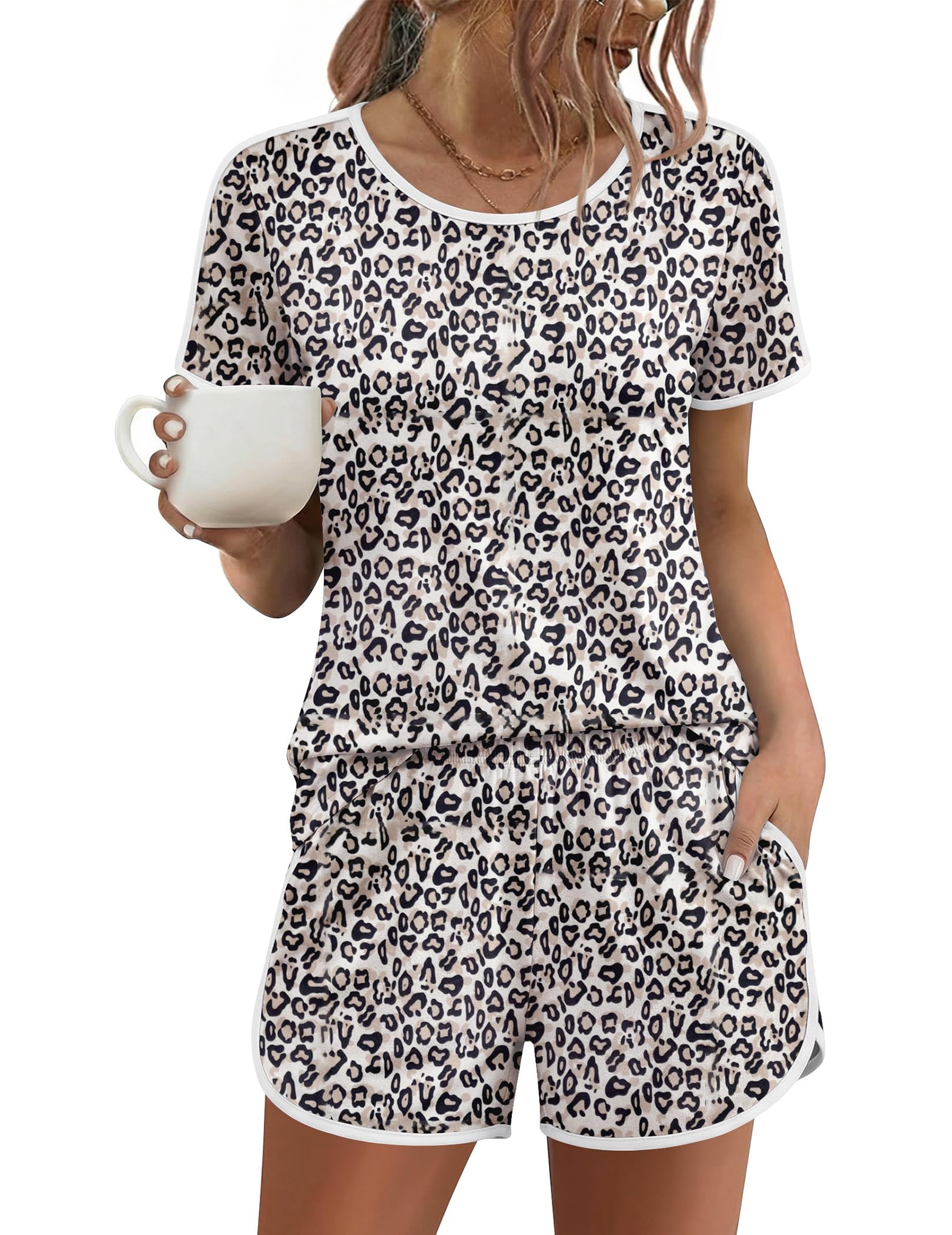 Ekouaer Womens Pajama Sets Short Sleeve Sleepwear Soft Pjs Sets Round Neck Summer 2 Piece Lounge Set with Pockets S-XXL