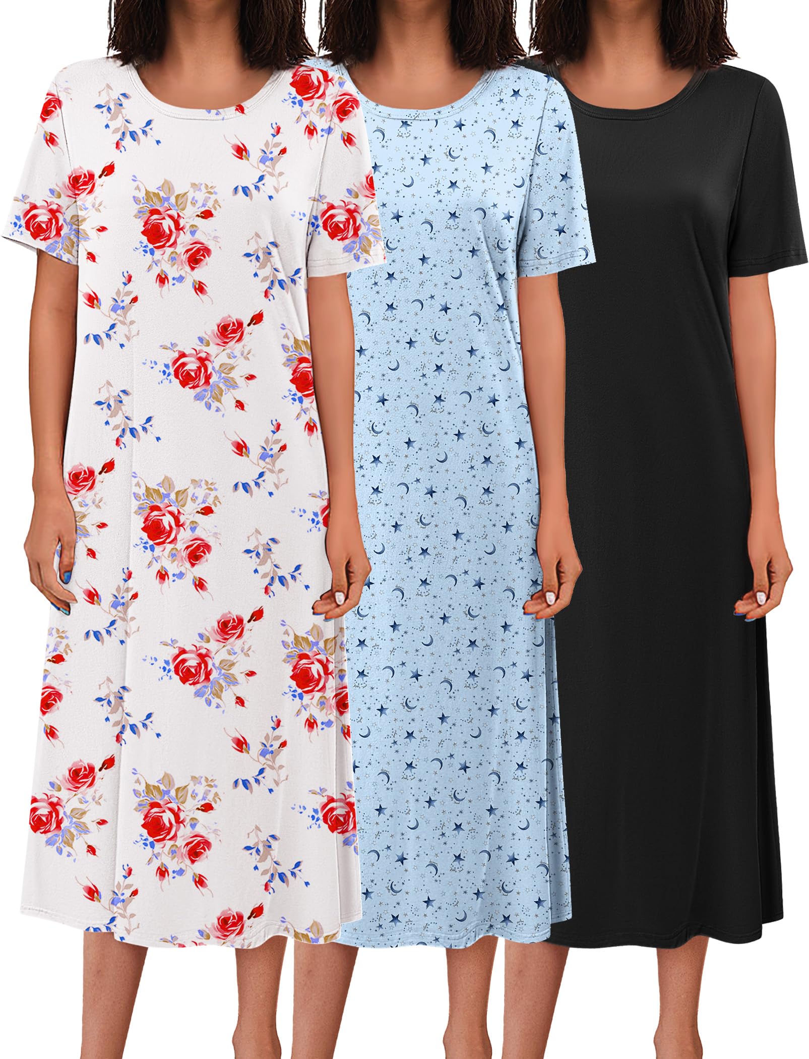 Ekouaer 3 Pack Long Nightgowns for Women Full Length Short Sleeve Nightshirt Soft Plus Size Sleepwear Casual Loungwear WEBE CLOTHING