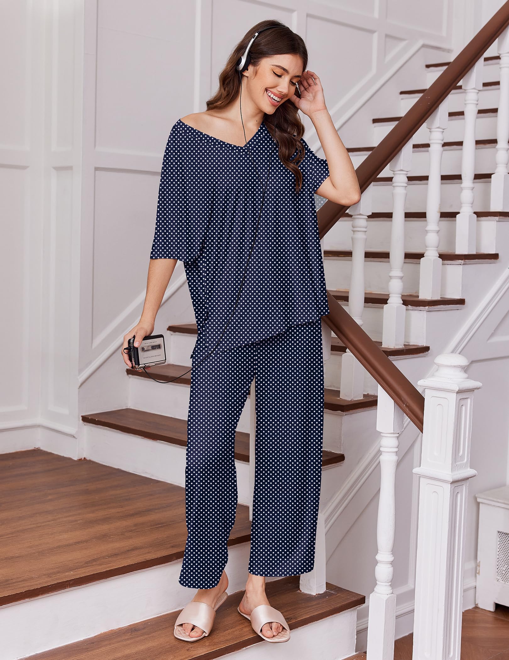 Ekouaer 2 Packs Lounge Sets for Women Short Sleeve Pajamas Set V Neck Top and Long Pants Comfy Pjs Outifts with Pockets