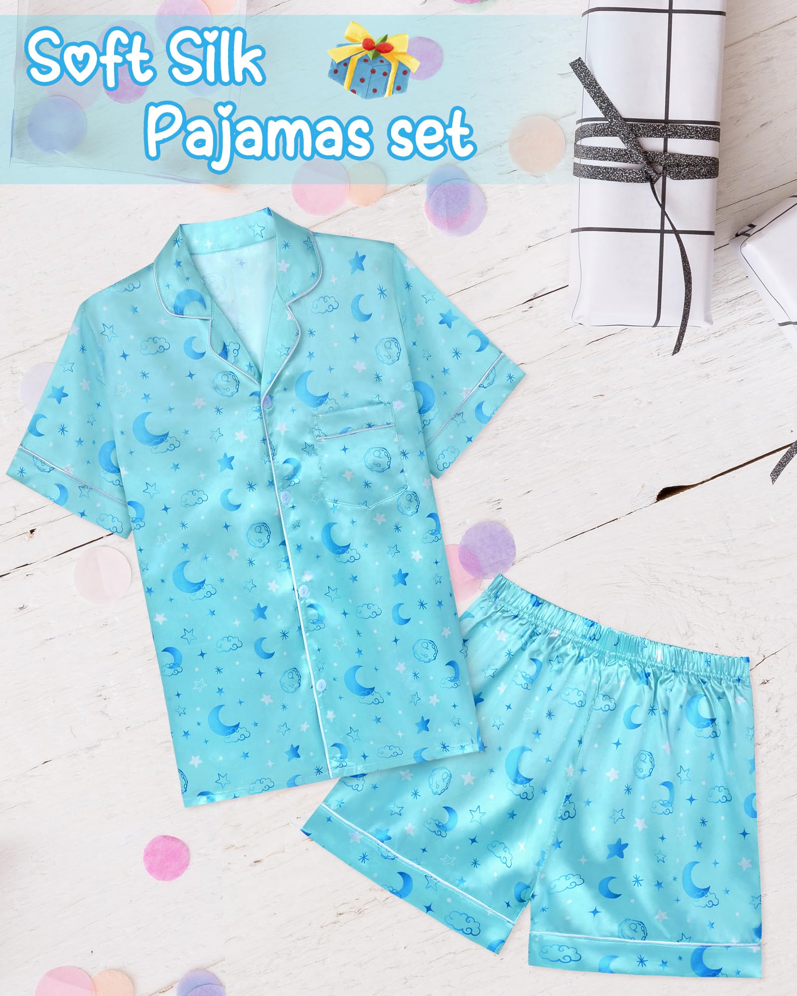 Sylfairy Girls Pajamas Silk PJS Set Pink Bow Satin Sleepwear Short Sleeve Jammies for Kids Button-Down Nightwear size 7-14