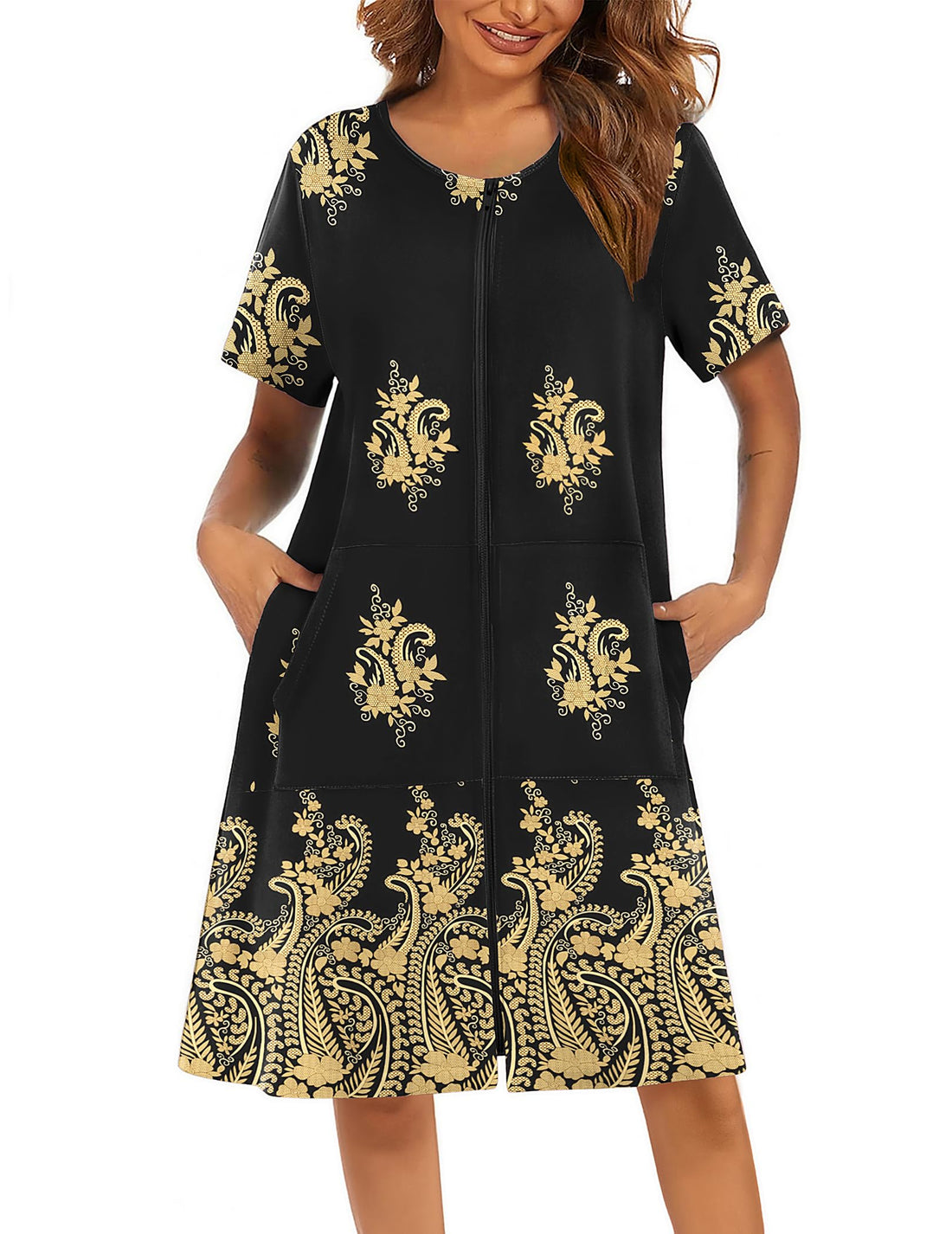 Ekouaer Women Robes Lightweight House Coat Short Sleeve Floral Print Mumu House Dresses with Pockets Zipper Nightgowns