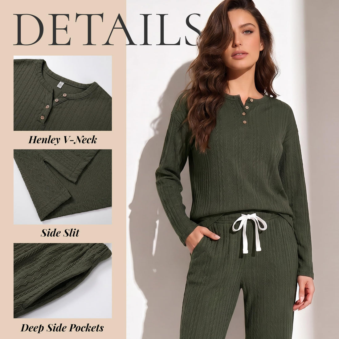 U2SKIIN Soft Pajama Set for Women Cable Knit Loungewear Henley Neck Long Sleeve Comfy Sleepwear with Pockets All Season