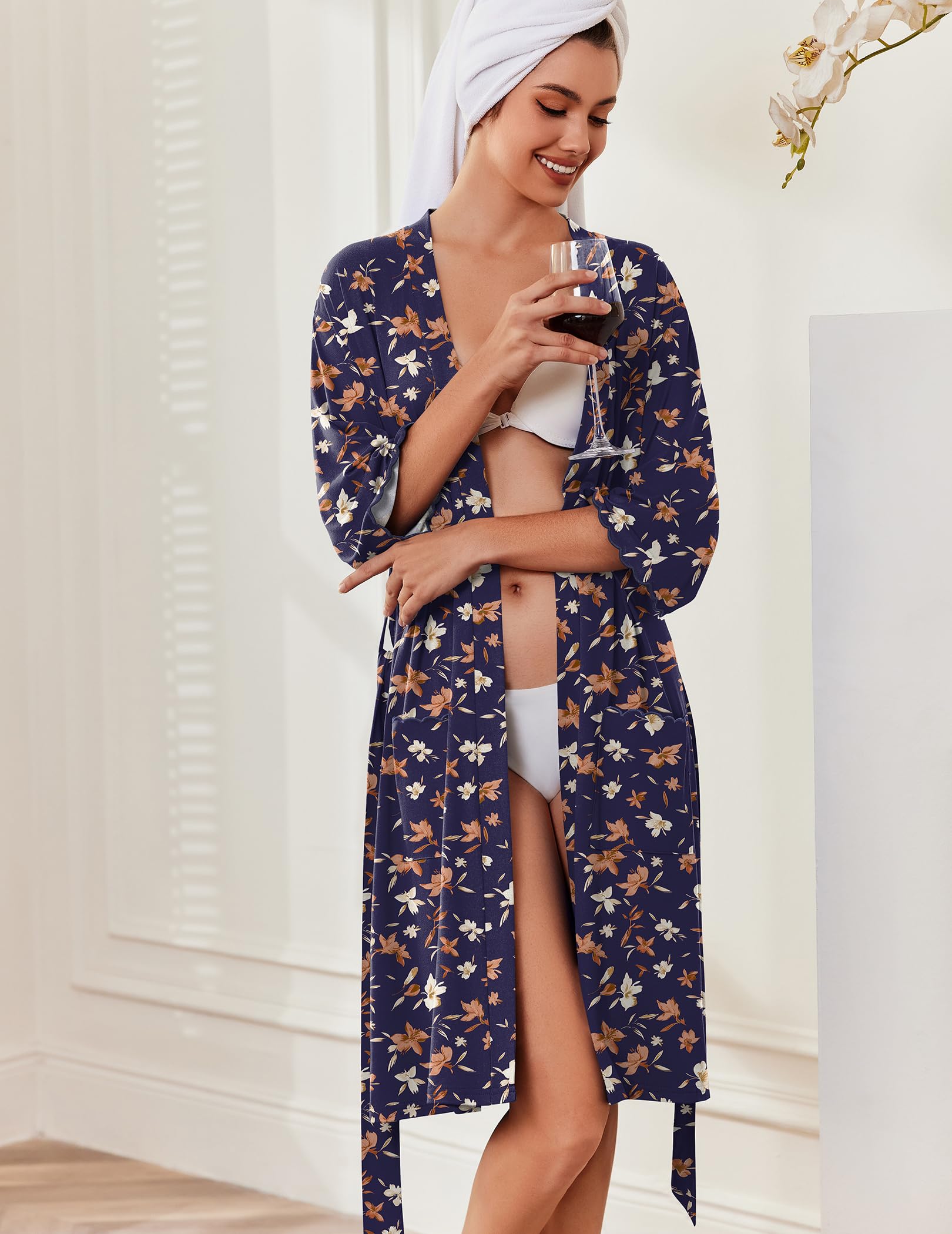 Ekouaer Robes for Women Knee Length Kimono Bathrobe Lightweight 3/4 Sleeve Sleepwear Soft Loungewear with Pockets S-XXL WEBE CLOTHING