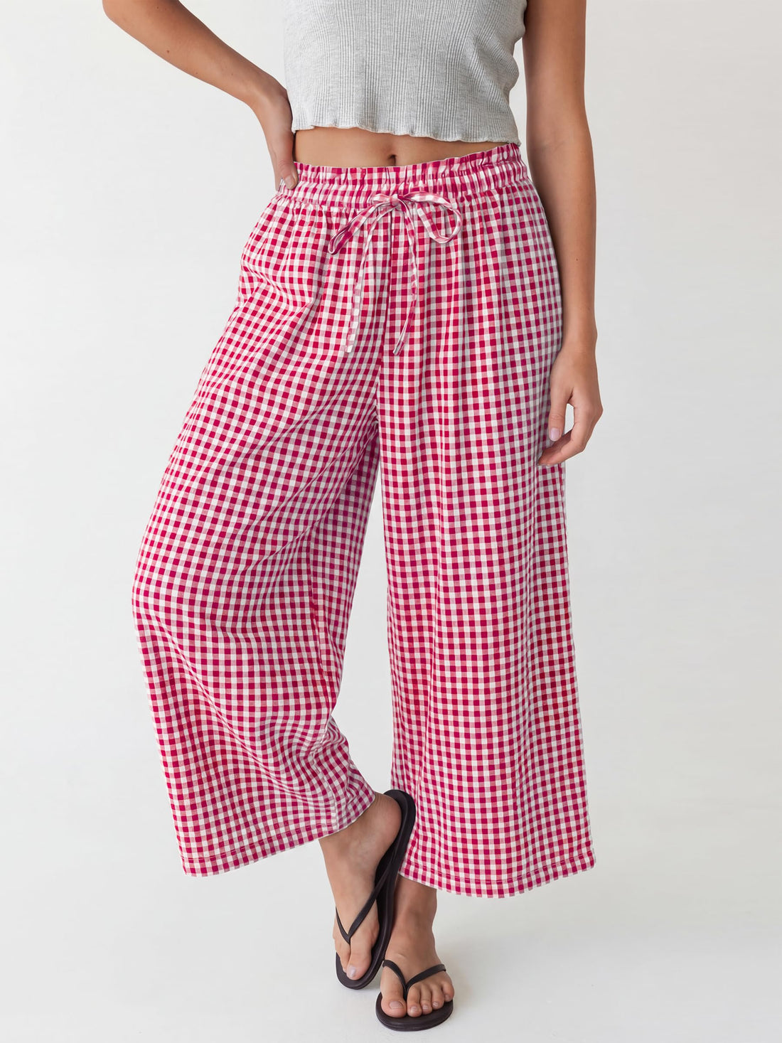 ANRABESS Womens Striped Gingham Palazzo Capri Pants Pajama Wide Leg Lounge Trousers Plaid Cute Crop PJ Bottoms with Pockets