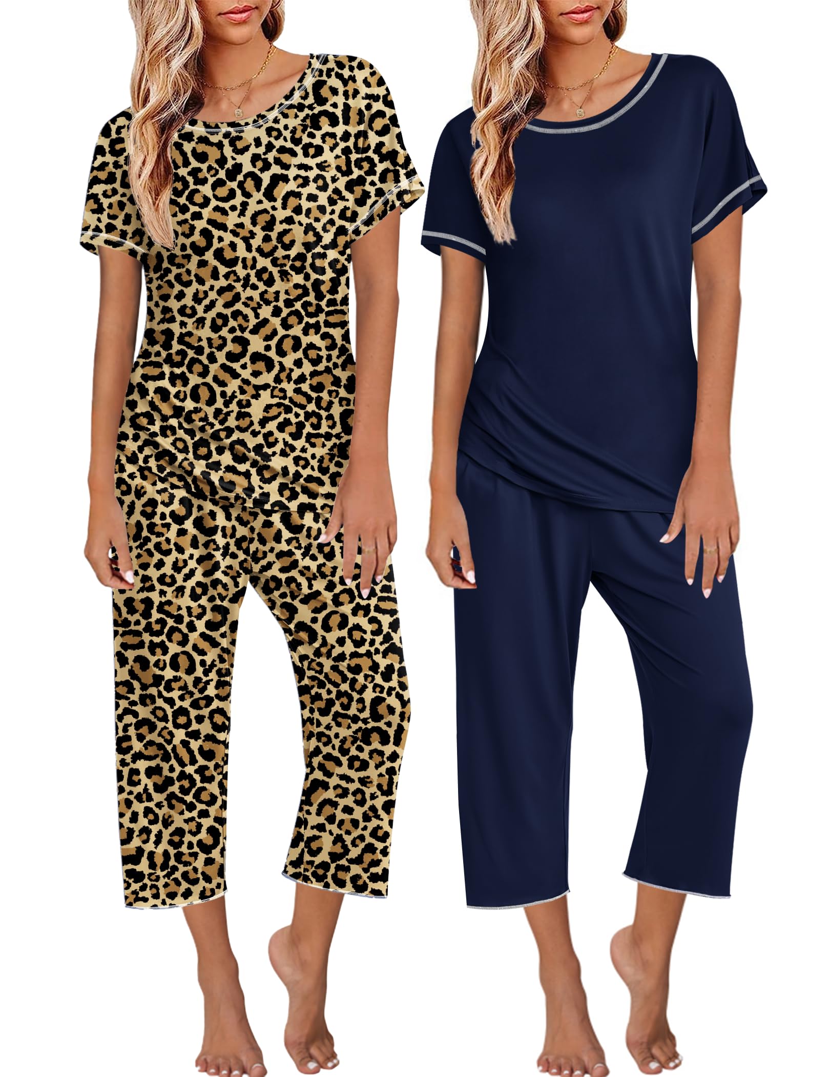 Ekouaer 2 Pack Womens Pajamas Sets Short Sleeve Tops and Capri Pants Pjs Colorful Printed Sleepwear Sets