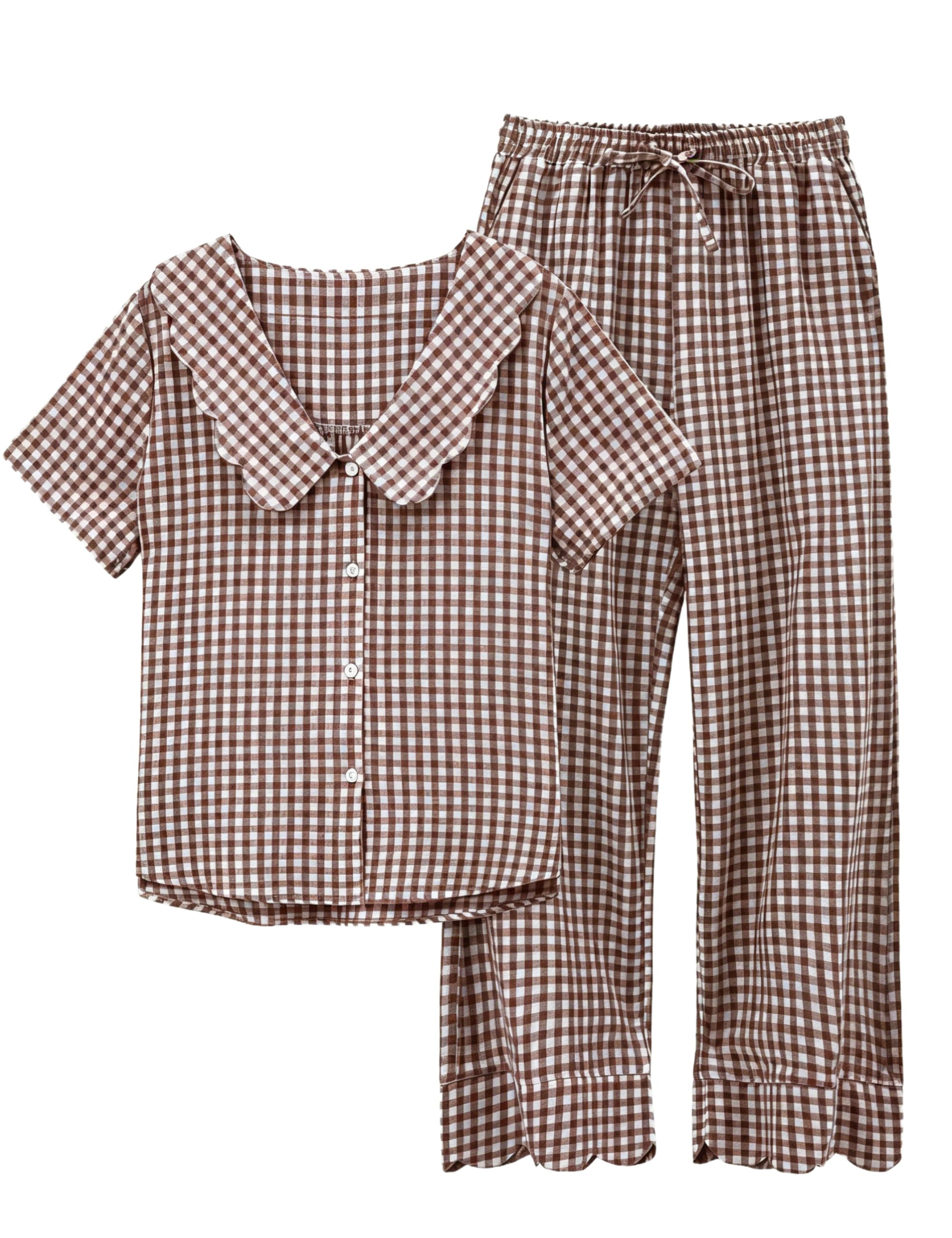 Tanming Womens Gingham 2 Piece Pajamas Sets Puff Sleeve Babydoll Shirt Ruffle Pants Pj Lounge Set Sleepwear WEBE CLOTHING