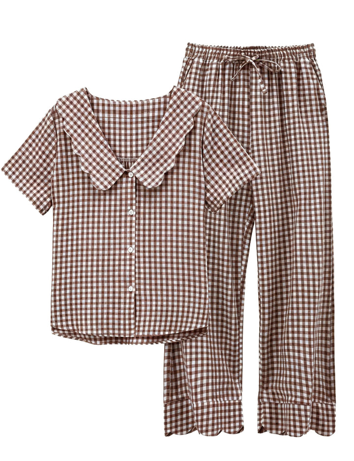 Tanming Womens Gingham 2 Piece Pajamas Sets Puff Sleeve Babydoll Shirt Ruffle Pants Pj Lounge Set Sleepwear