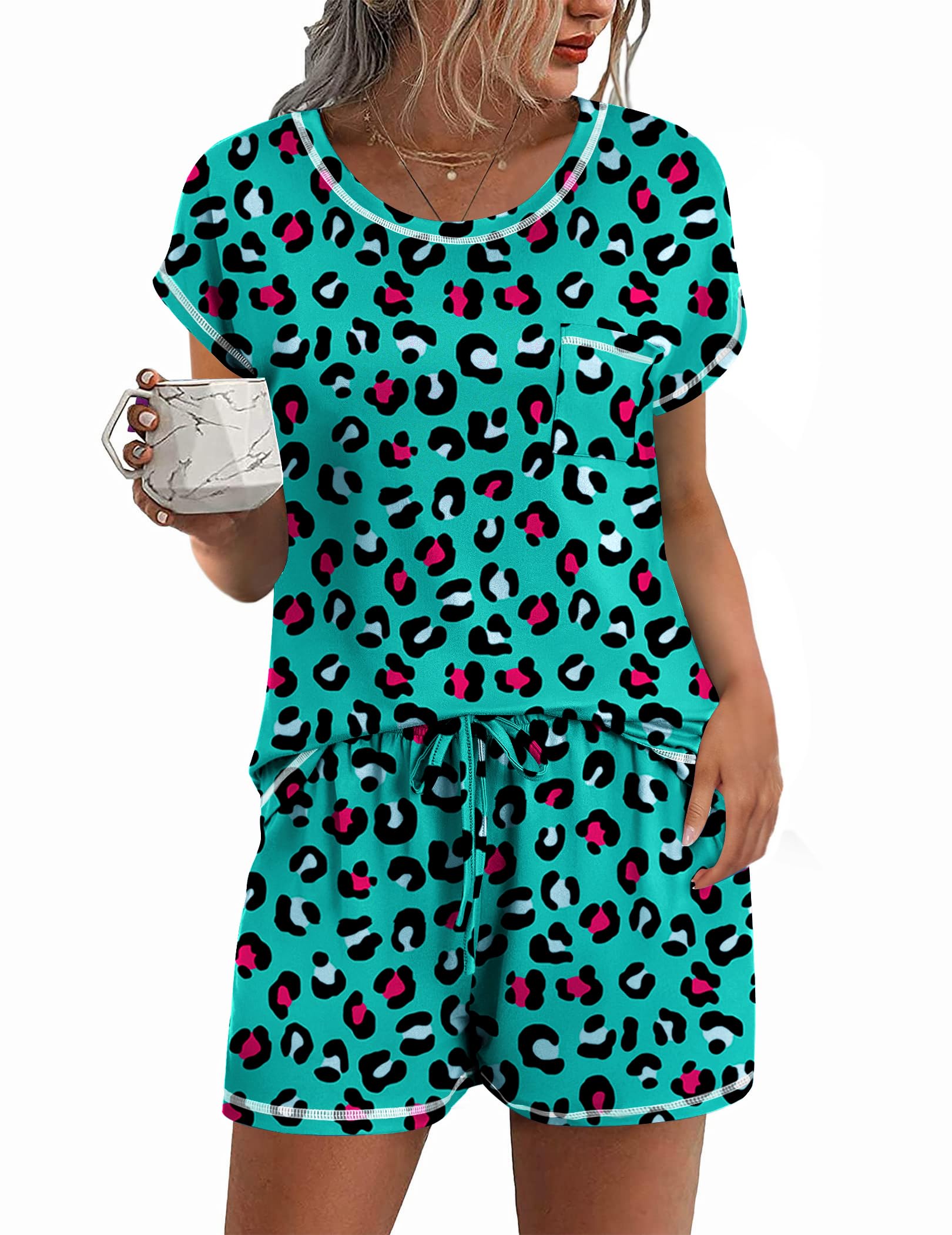 Ekouaer Womens Pajama Sets 2 Piece Soft Short Sleeve Top and Shorts Sleepwear Round Neck Pjs Lounge Set with Pockets