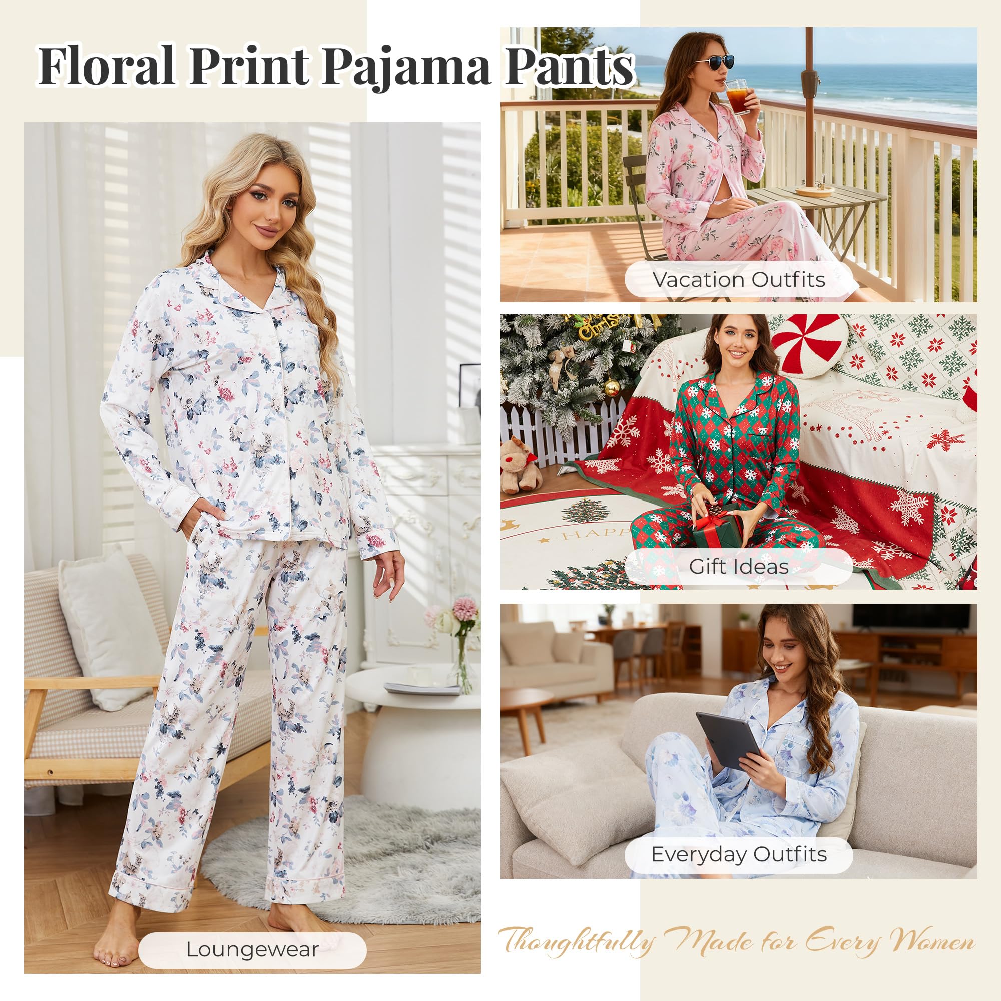 LYCY Womens Pajama Sets Floral Print, Long Sleeve Button Down Pajamas Set for Women Soft Sleepwear Pjs 2 piece Loungewear