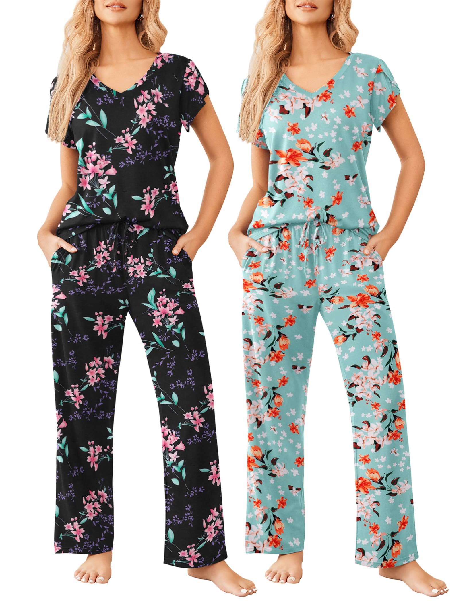 Ekouaer 2 Pack Womens Pajamas Short Sleeve Sleepwear Top with Pants Super-Soft Printed Lounge Sets S-XXL