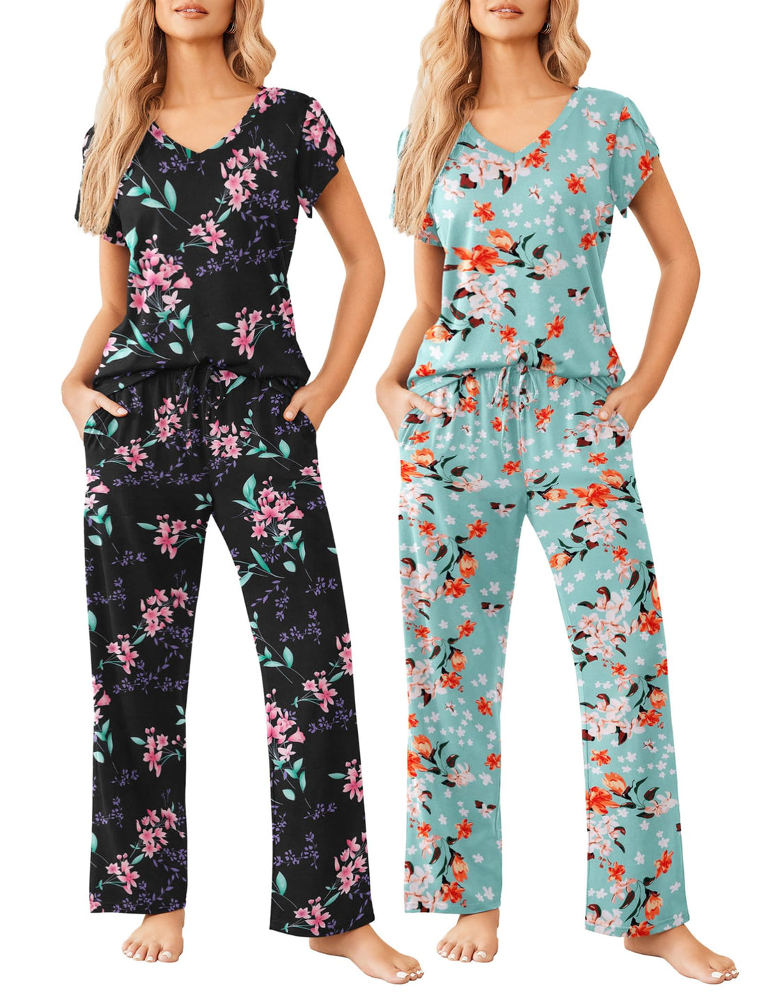 Ekouaer 2 Pack Womens Pajamas Short Sleeve Sleepwear Top with Pants Super-Soft Printed Lounge Sets S-XXL