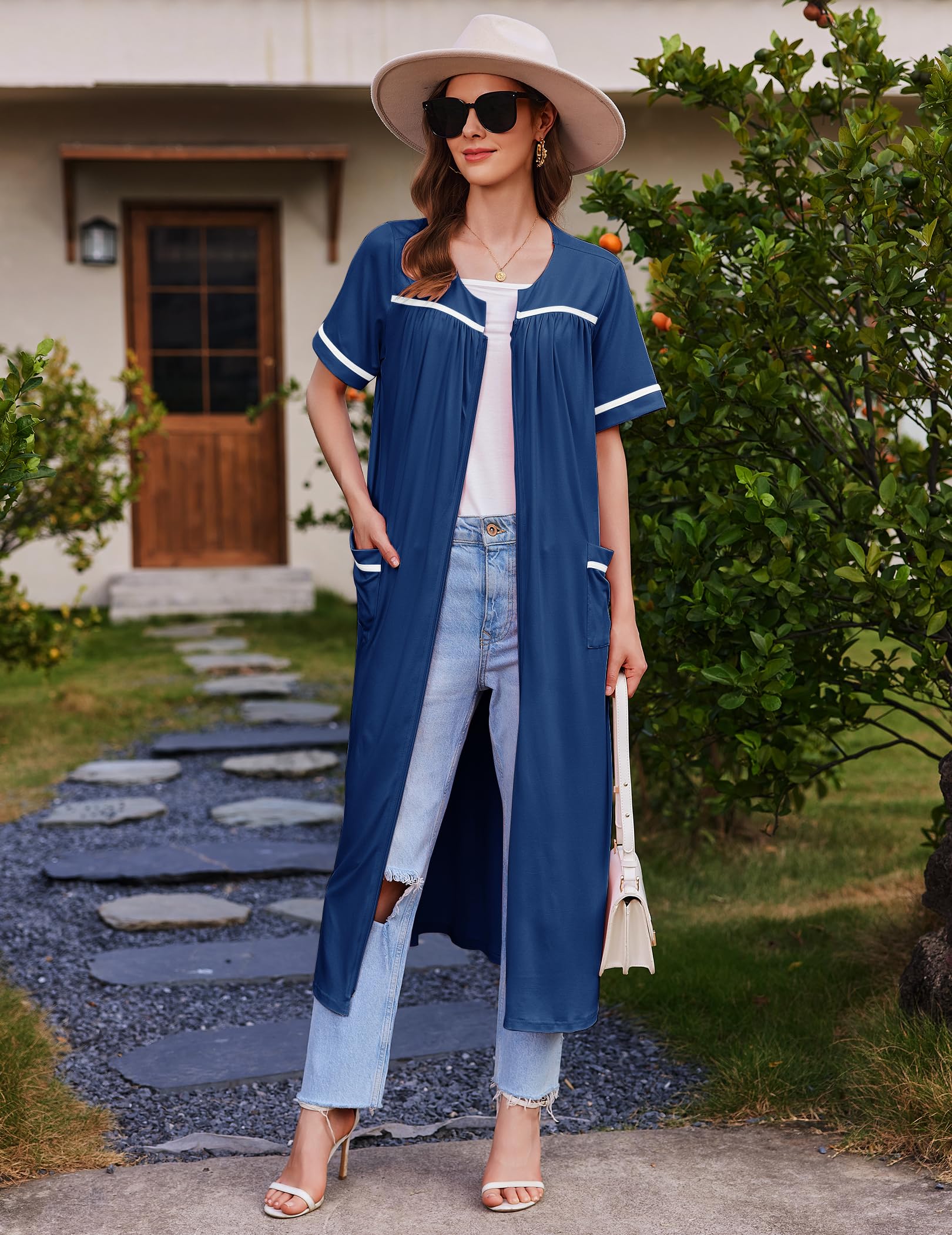 Ekouaer Zipper Robes for Women Short Sleeve Bathrobe Soft Lightweight Housecoat Full Length Nightgown with Pockets S-3XL WEBE CLOTHING