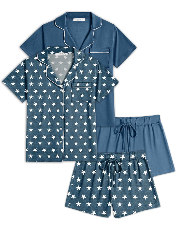 Ekouaer Womens Pajamas Set 2 Pack Button Down Summer Sleepwear Short Sleeve Comfy Pjs Loungewear Set