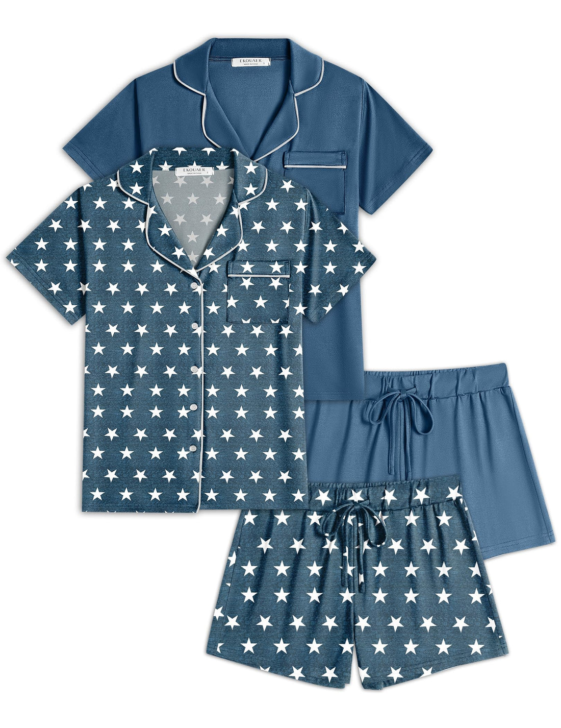 Ekouaer Womens Pajamas Set 2 Pack Button Down Summer Sleepwear Short Sleeve Comfy Pjs Loungewear Set