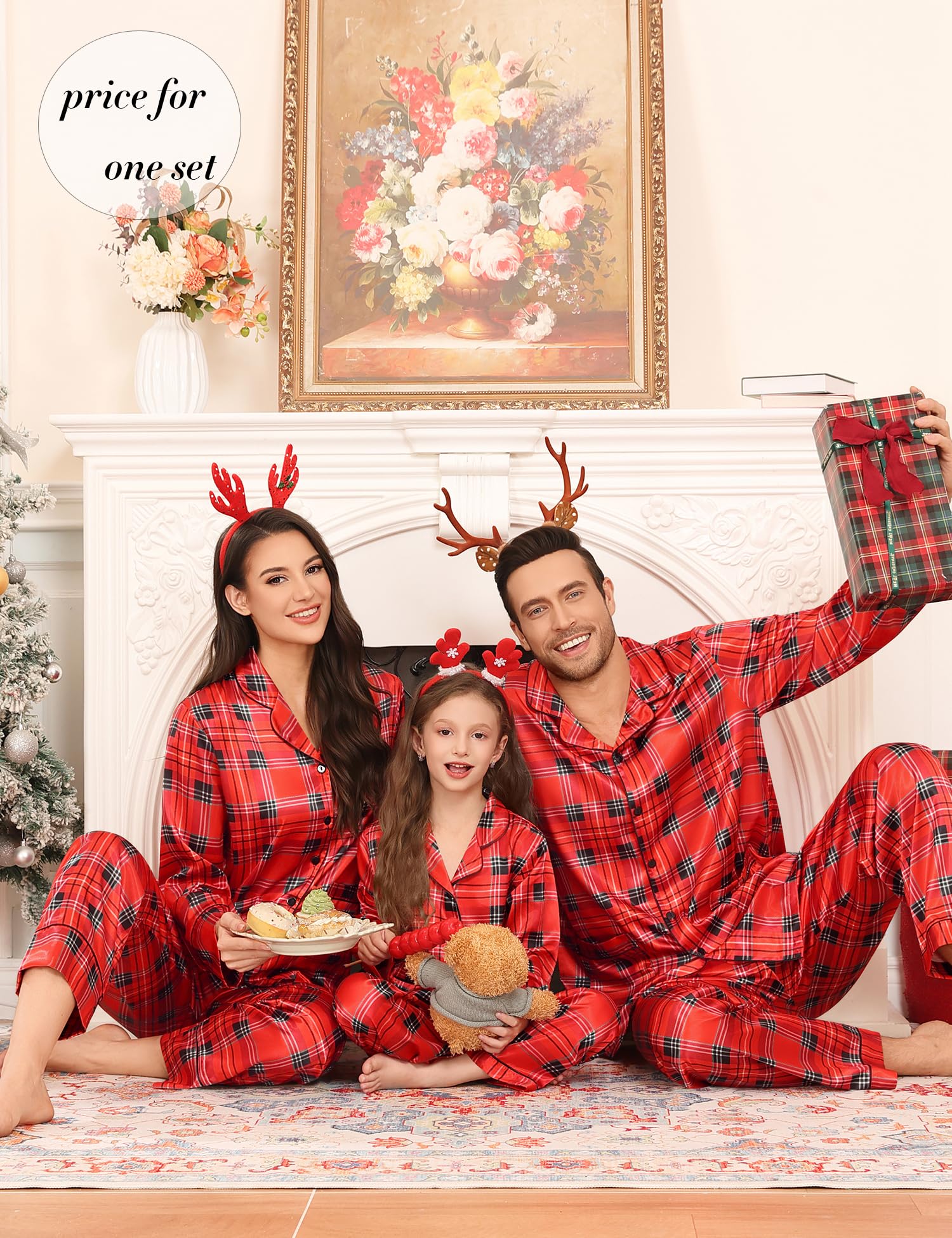 SWOMOG Matching Family Pajamas Set Women & Men & Kids Silk Satin Pjs 2 Pcs Long Sleeve Button Down Sleepwear with 2 Pockets