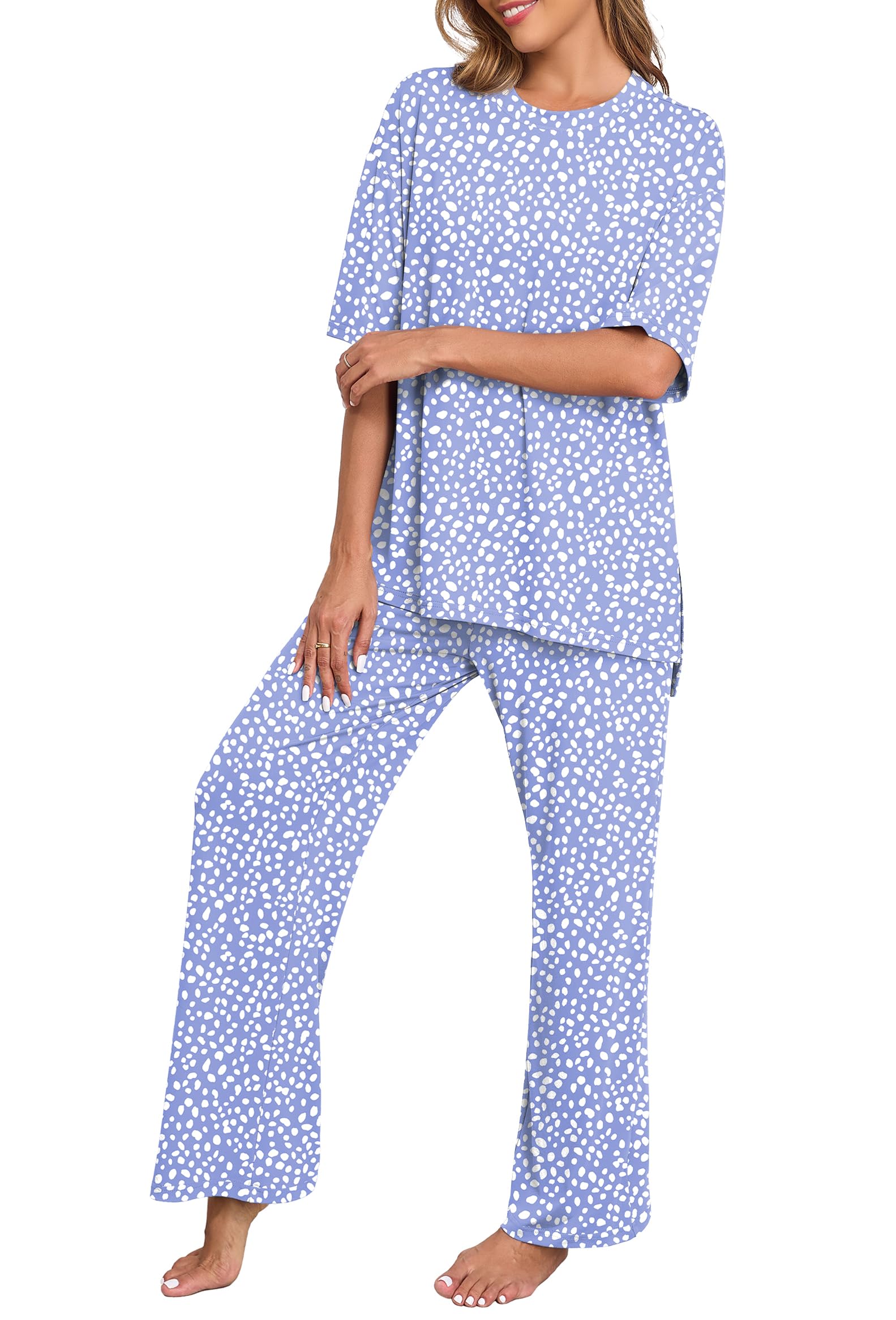 PrinStory Womens Pajamas Sets 2 Piece Lounge Set Short Sleeve Tops and Long Pants Soft Pjs Loungewear with Pockets