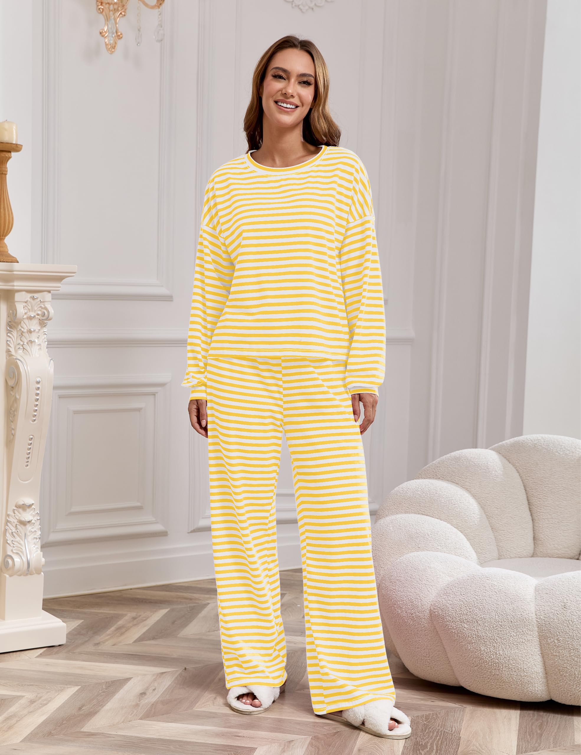 MISSACTIVER Women's Striped 2 Piece Lounge Set Casual Long Sleeve T-Shirt Drawstring Wide Leg Pants Matching Pajamas Set