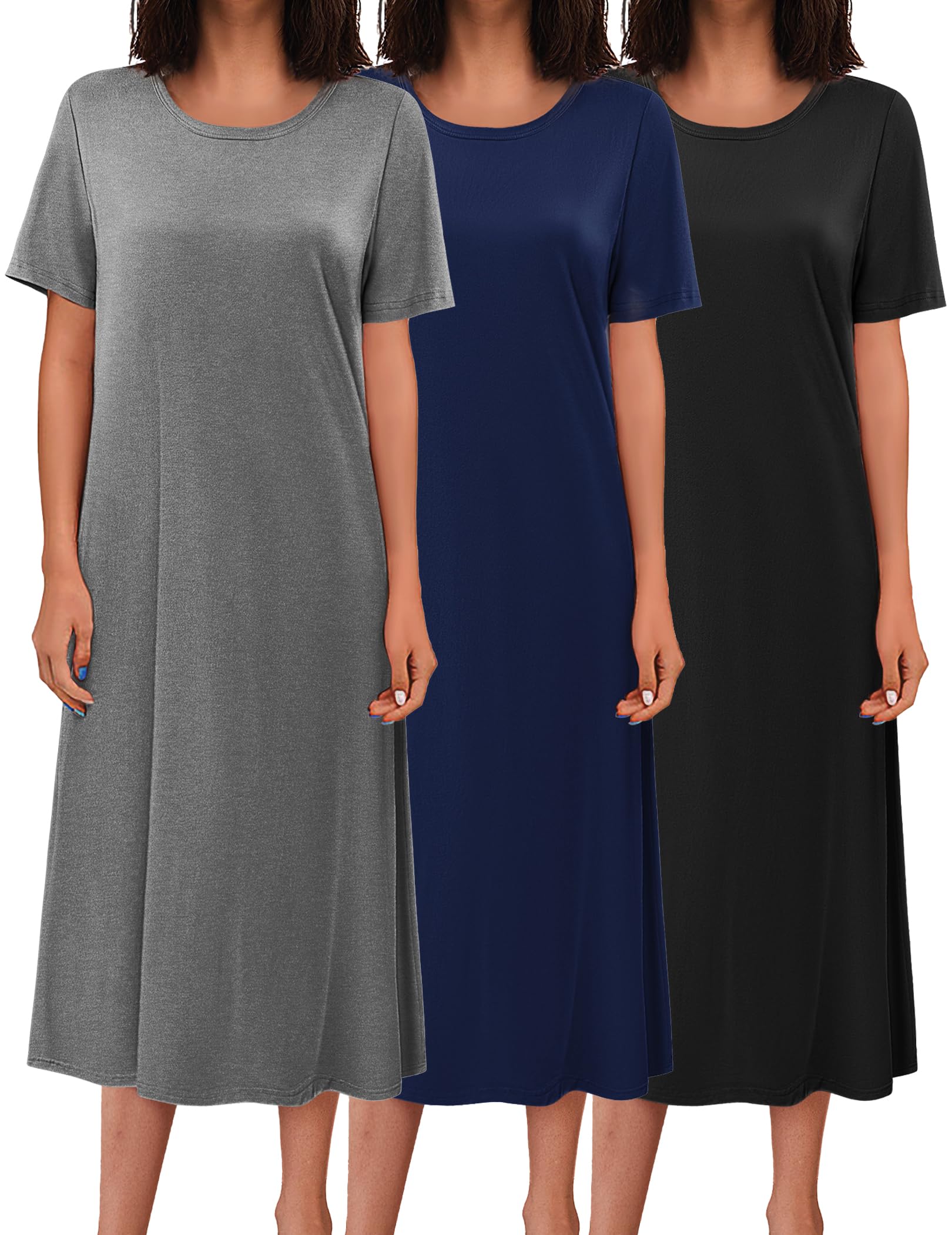 Ekouaer 3 Pack Long Nightgowns for Women Full Length Short Sleeve Nightshirt Soft Plus Size Sleepwear Casual Loungwear WEBE CLOTHING