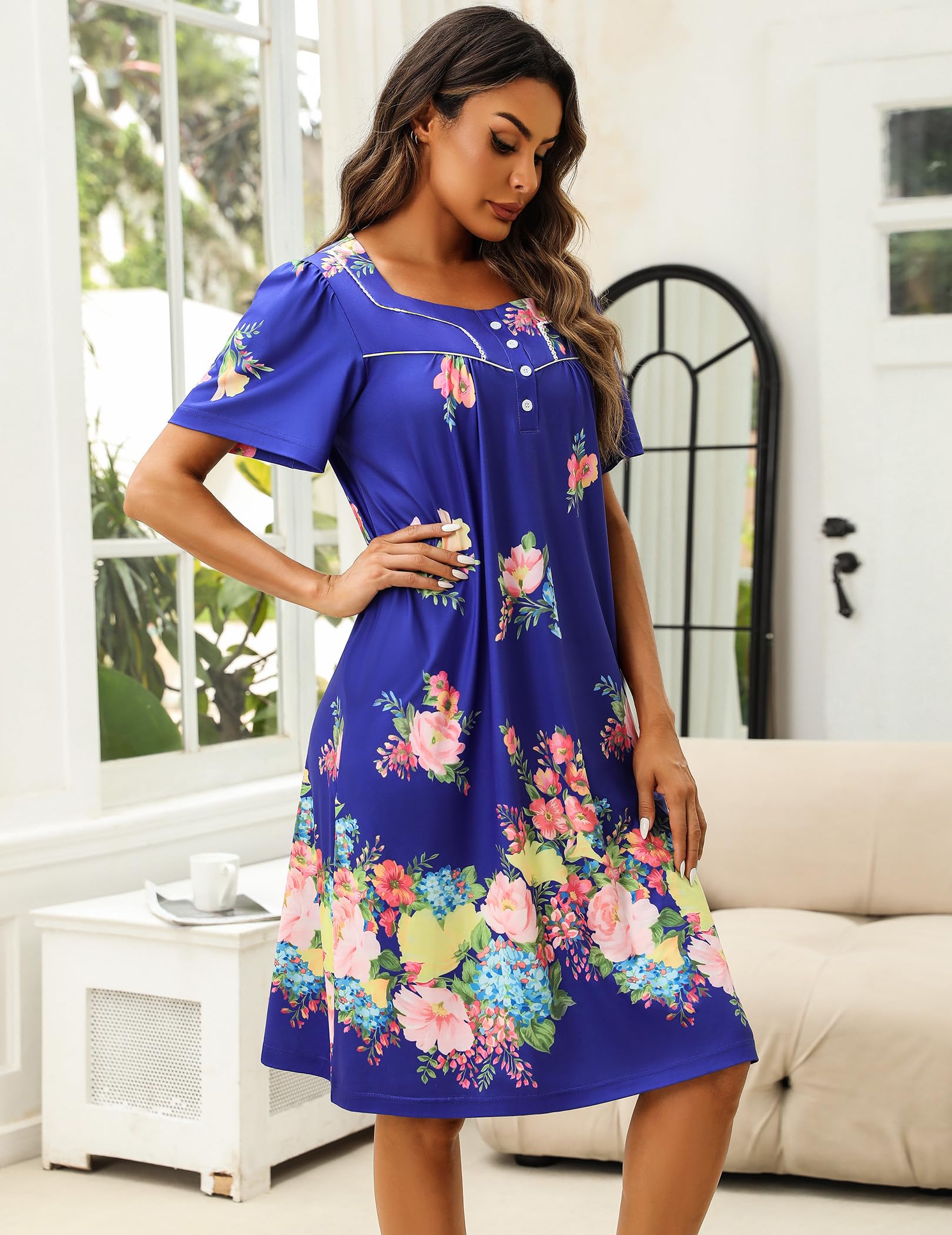 Ekouaer Women's House Dress with Pockets Moomoo Dresses Short Sleeve Mumu Nightgown Lounge Dress Button Down Sleepwear WEBE CLOTHING