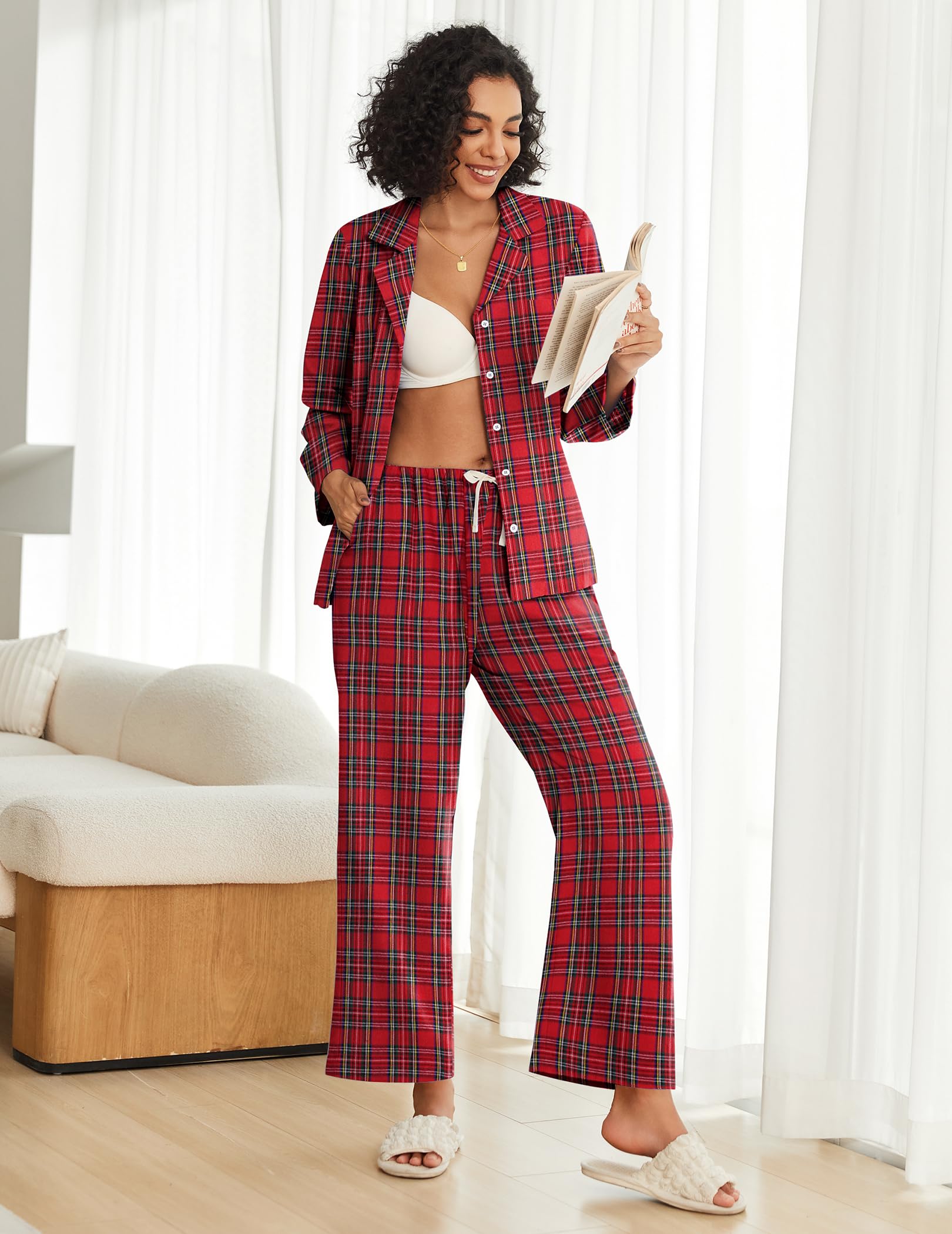 Ekouaer Womens Pajama Sets 2 Piece Cotton Plaid Pjs Long Sleeve Sleepwear Button Down Lounge Set with Pockets
