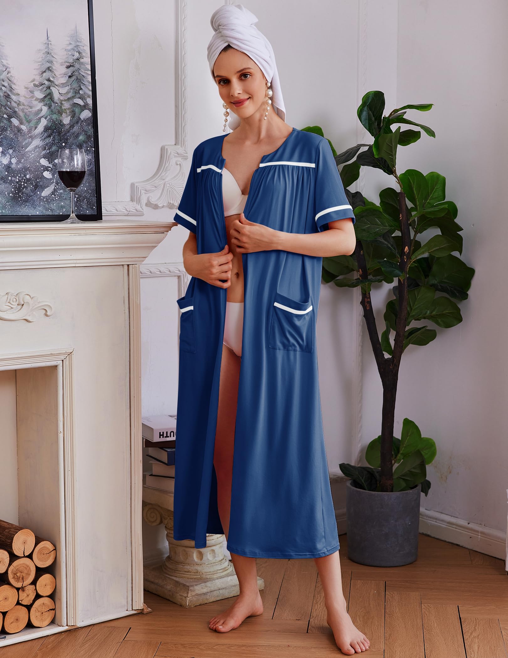 Ekouaer Zipper Robes for Women Short Sleeve Bathrobe Soft Lightweight Housecoat Full Length Nightgown with Pockets S-3XL WEBE CLOTHING