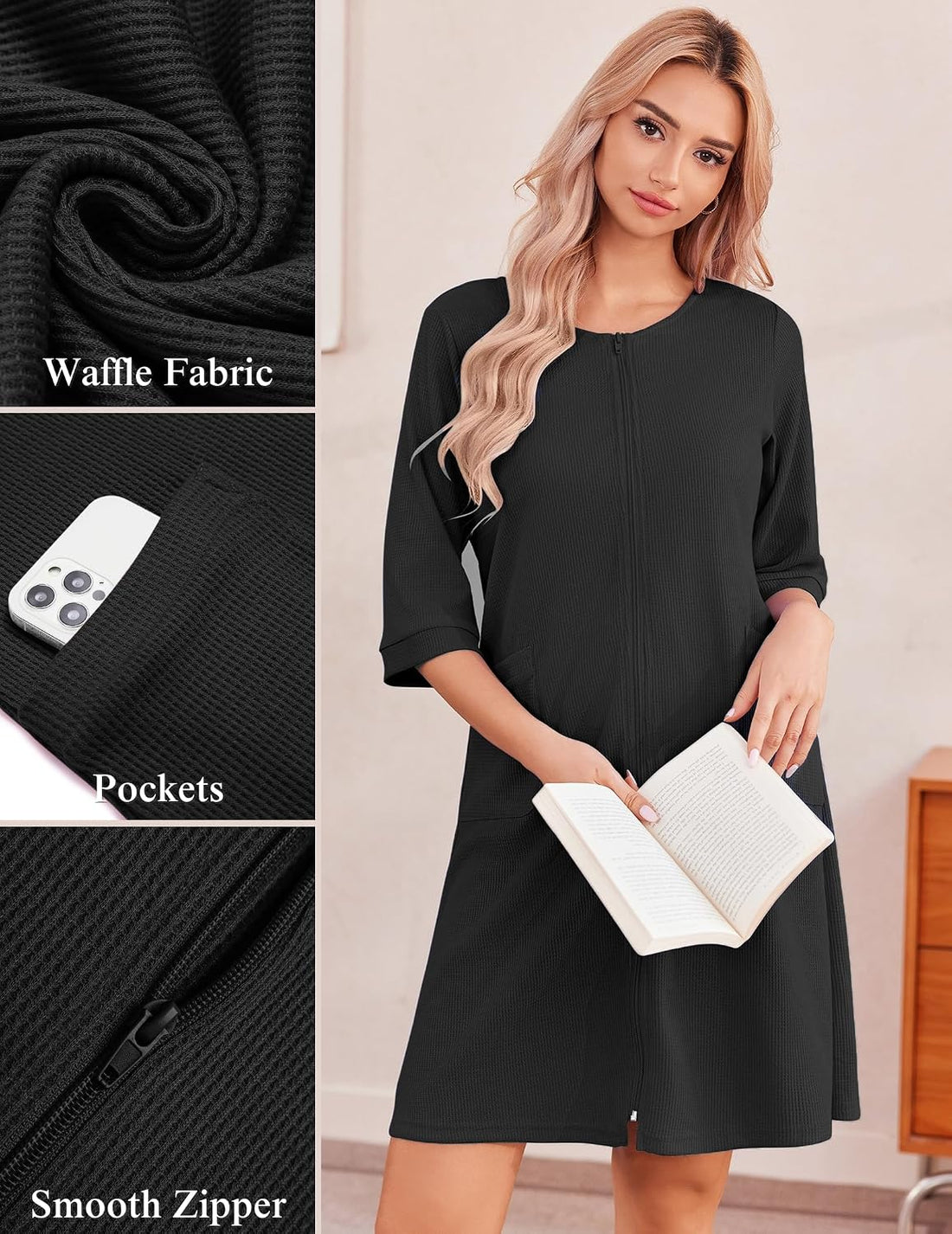 Ekouaer Zip Up Robes for Women Short Waffle Bathrobe Lightweight house coat 3/4 Sleeve Soft Nightgown with Pockets S-3XL WEBE CLOTHING
