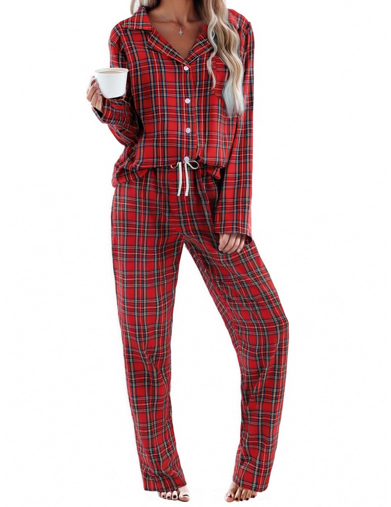 Ekouaer Womens Pajama Sets 2 Piece Cotton Plaid Pjs Long Sleeve Sleepwear Button Down Lounge Set with Pockets