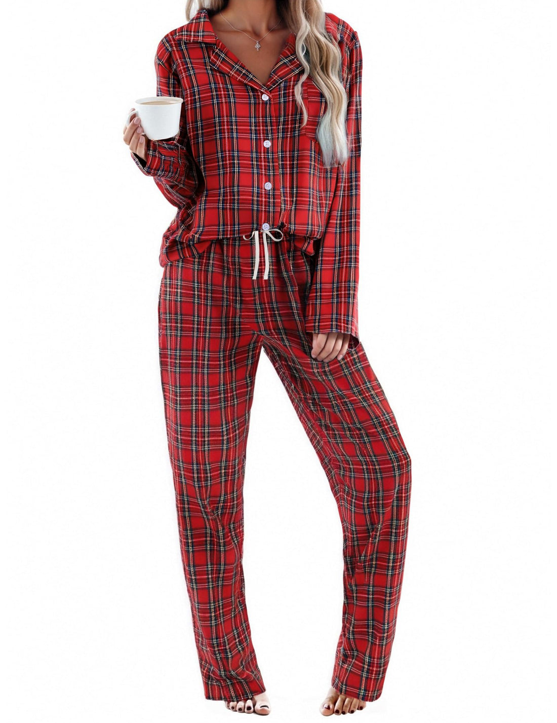 Ekouaer Womens Pajama Sets 2 Piece Cotton Plaid Pjs Long Sleeve Sleepwear Button Down Lounge Set with Pockets