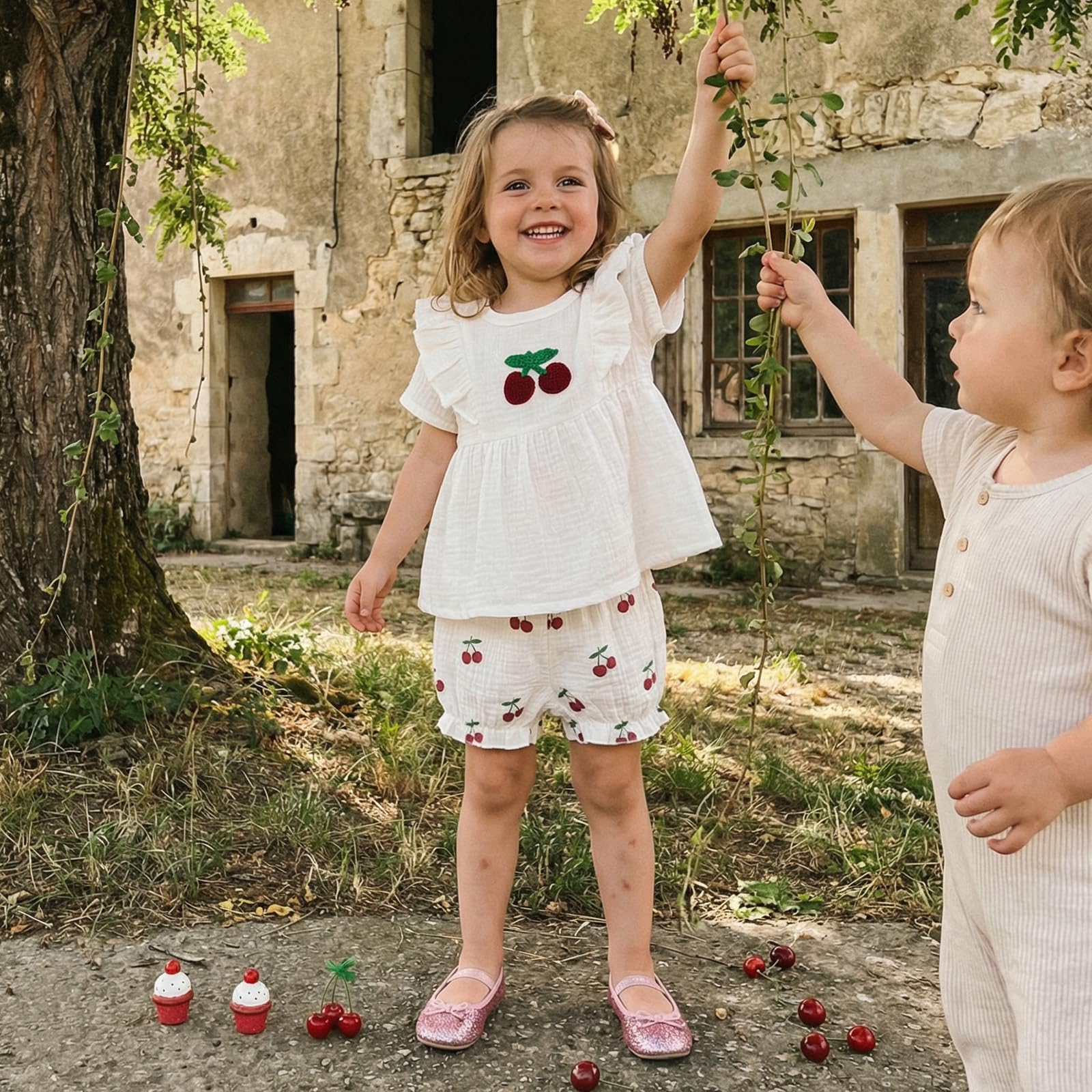 Amnnchya Toddler Girl Clothes Baby Summer Spring Outfits Cute Bow Button Smocked Ruffle Sleeve Tops ＋ Girls Shorts Set WEBE CLOTHING