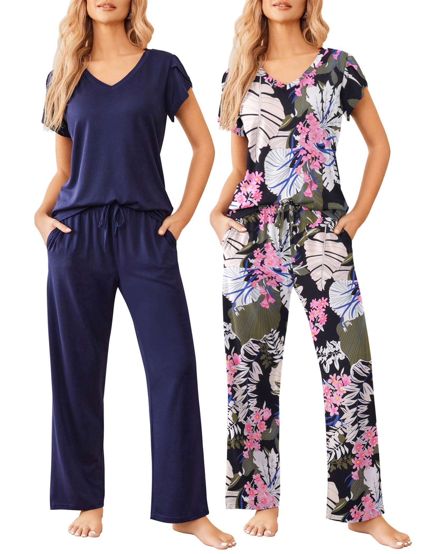 Ekouaer 2 Pack Womens Pajamas Short Sleeve Sleepwear Top with Pants Super-Soft Printed Lounge Sets S-XXL