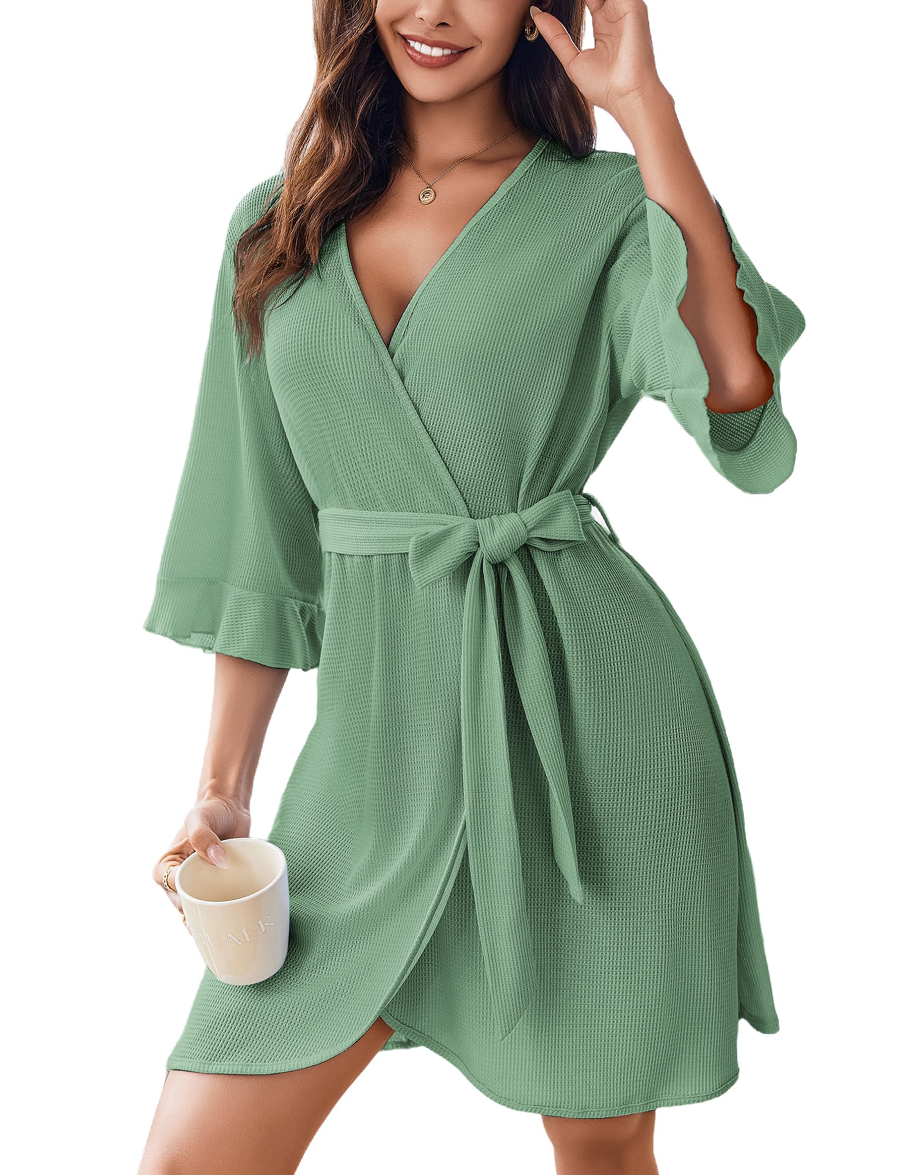 Ekouaer Robes for Women Lightweight Waffle Knit Short Bath Robe Knee Length Ruffle Ladies Loungewear WEBE CLOTHING