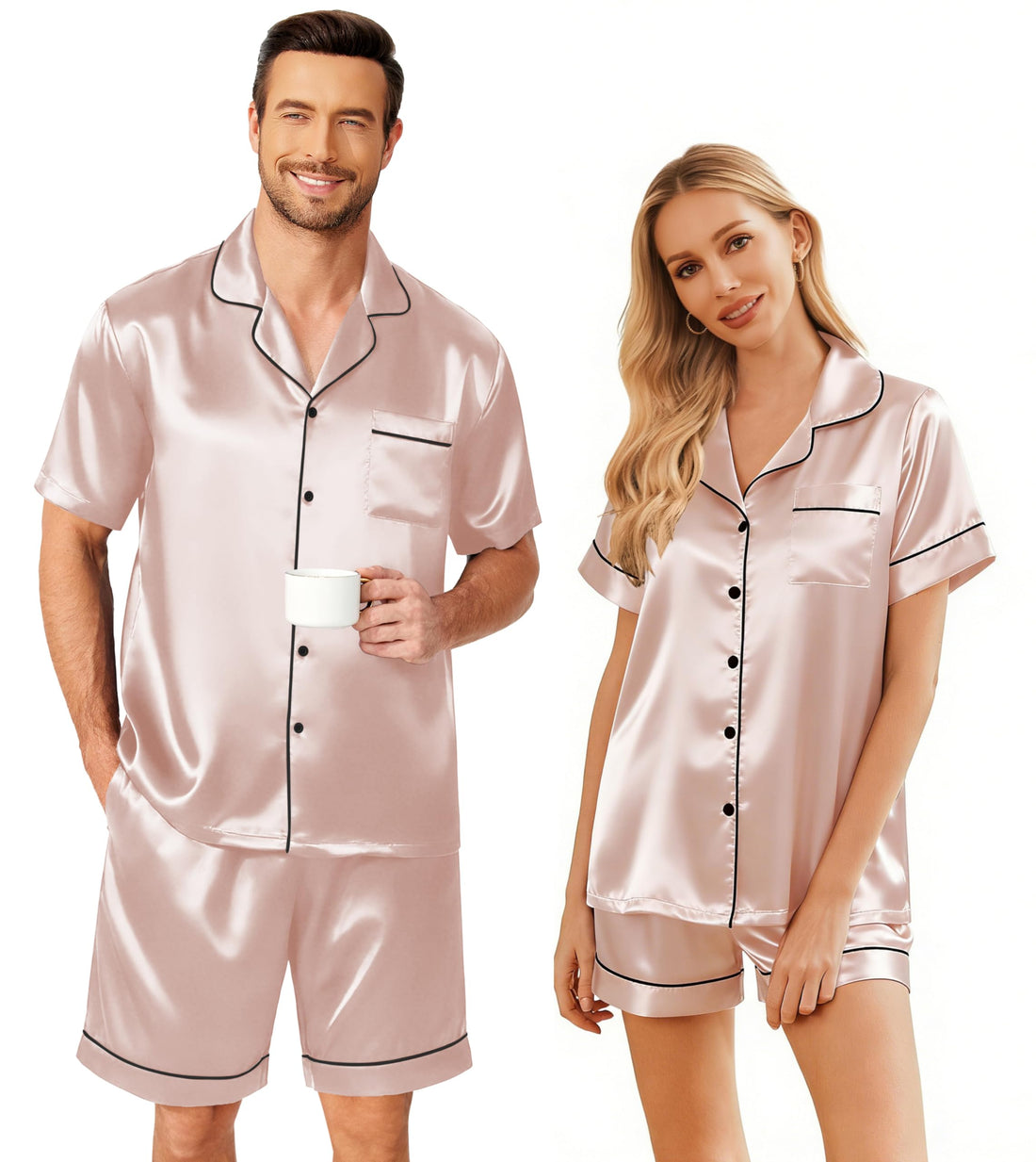 Ekouaer Couple Matching Pajamas Sets Silk Short Sleeve Button Down Sleepwear Satin Pjs Shorts Set Soft Loungewear S-XXL