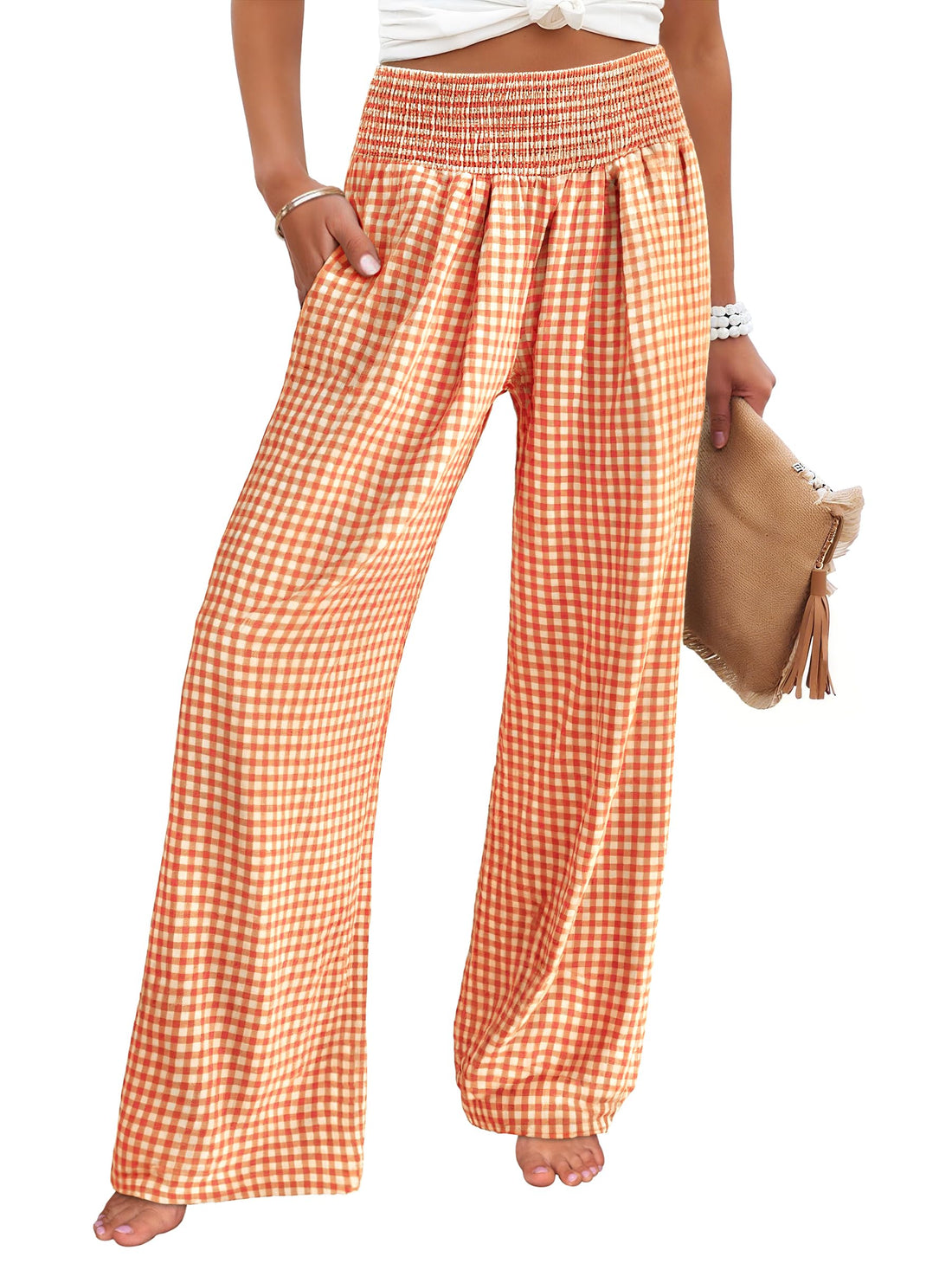 ANRABESS Womens Striped Gingham Palazzo Pants | Wide Leg Smocked High Waisted Pajama Pants, Lounge & Casual, Summer Fall Cute Pants with Pockets