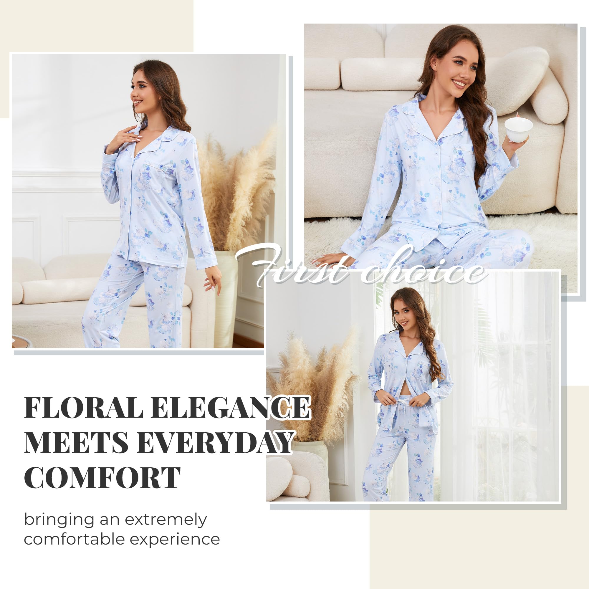 LYCY Womens Pajama Sets Floral Print, Long Sleeve Button Down Pajamas Set for Women Soft Sleepwear Pjs 2 piece Loungewear