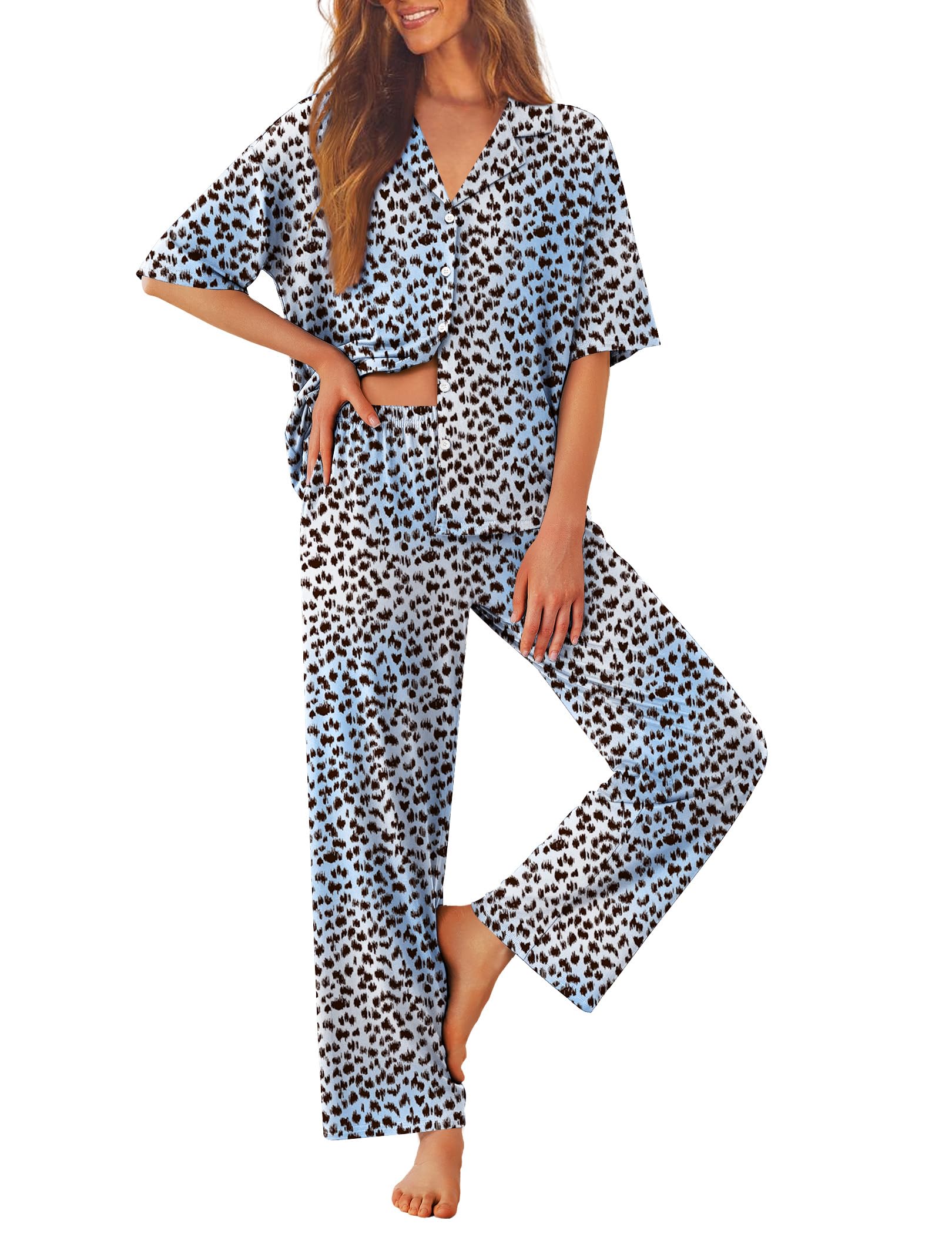 Ekouaer Women Pajamas Set Button Down Sleepwear Short Sleeve Pjs Soft Comfy Nightwear with Long Pants S-XXL