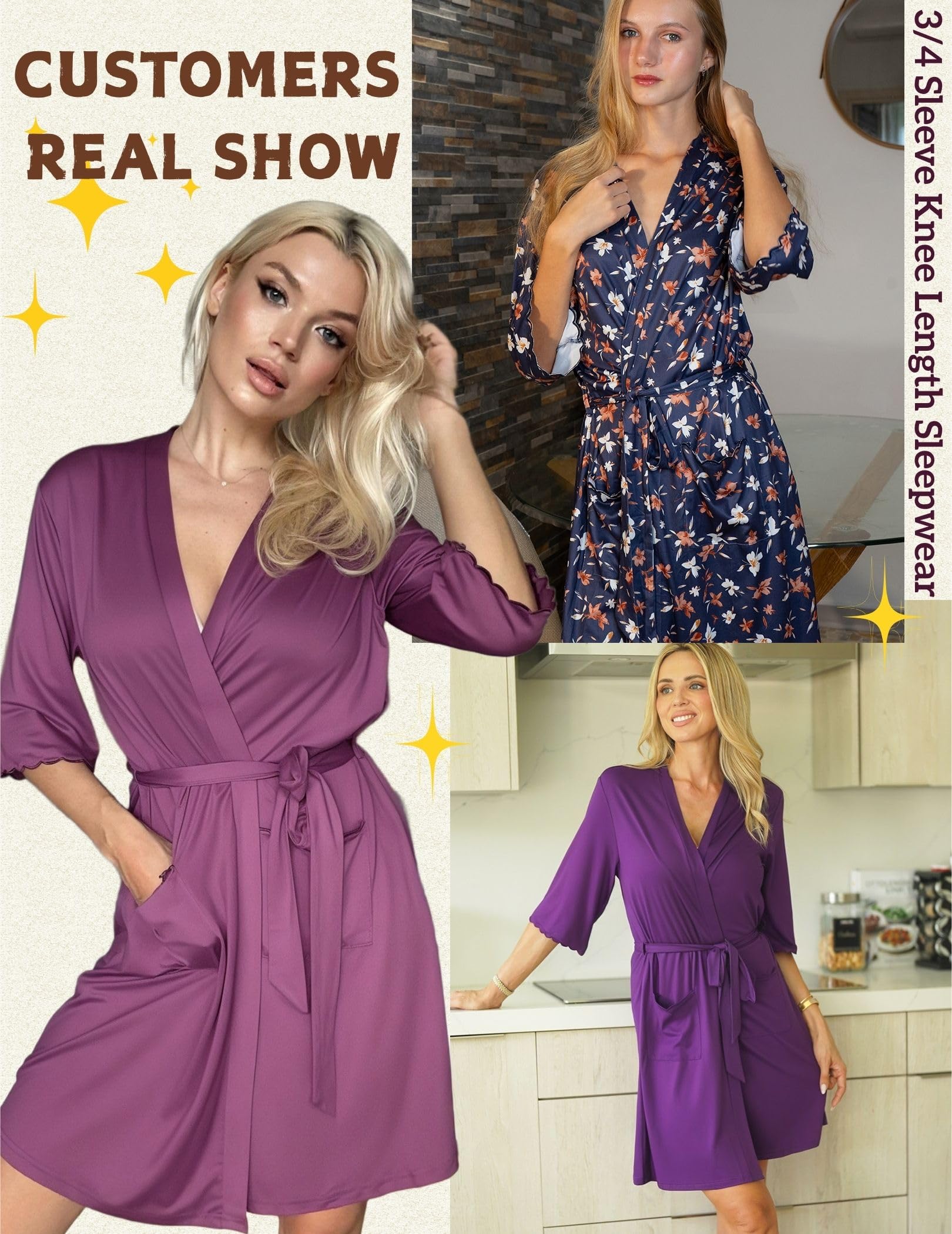 Ekouaer Robes for Women Knee Length Kimono Bathrobe Lightweight 3/4 Sleeve Sleepwear Soft Loungewear with Pockets S-XXL WEBE CLOTHING