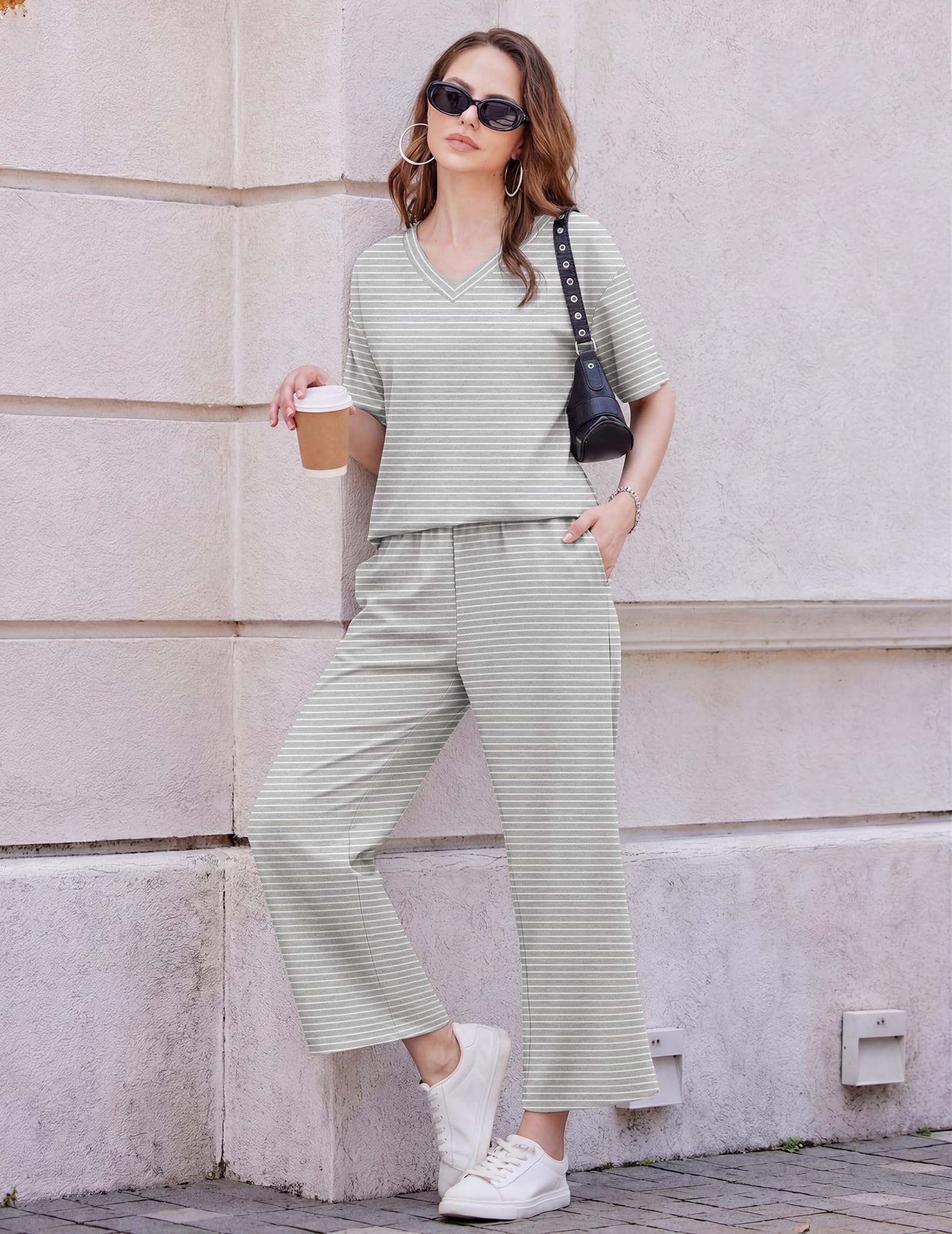 Ekouaer 2 Packs Lounge Sets for Women Short Sleeve Pajamas Set V Neck Top and Long Pants Comfy Pjs Outifts with Pockets