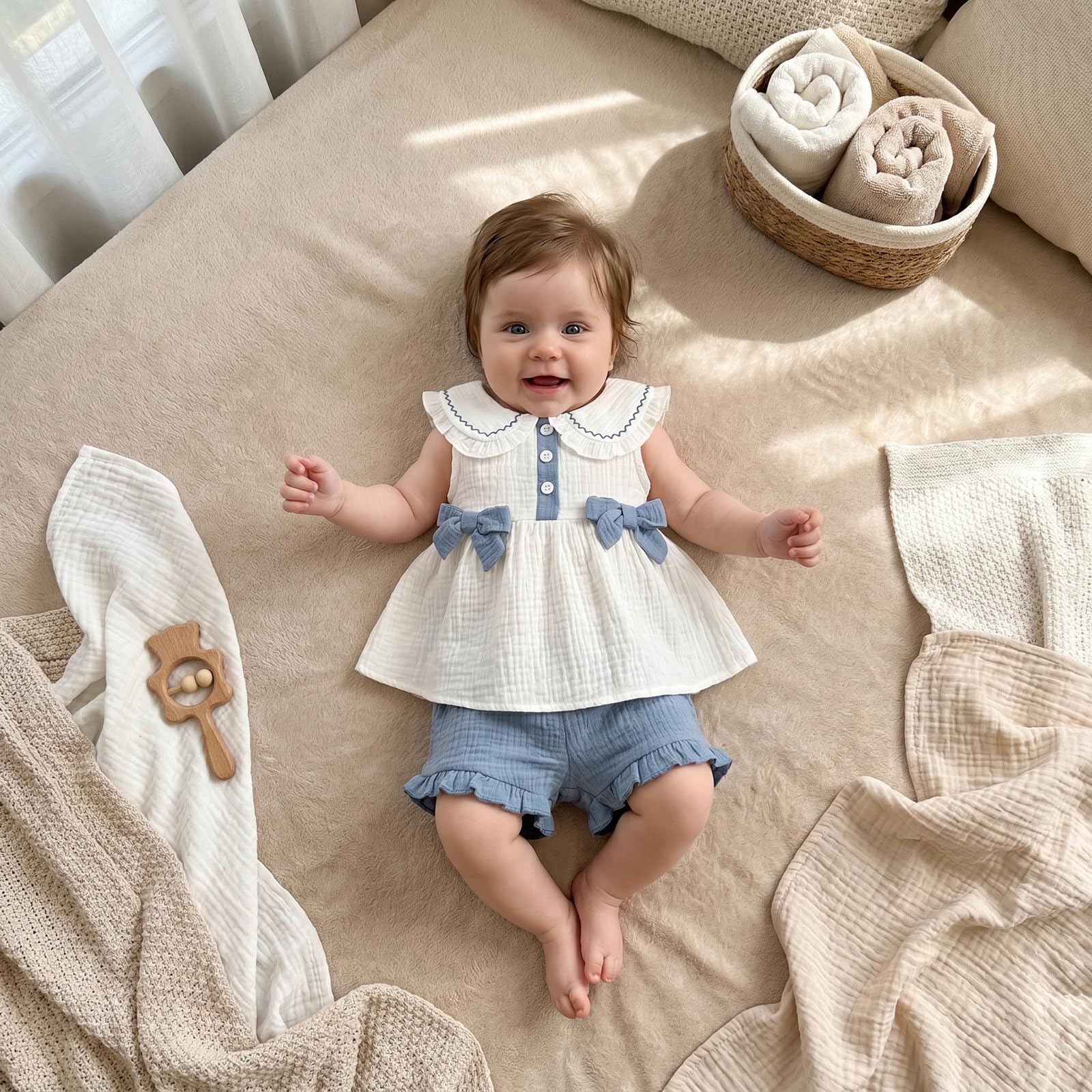 Amnnchya Toddler Girl Clothes Baby Summer Spring Outfits Cute Bow Button Smocked Ruffle Sleeve Tops ＋ Girls Shorts Set WEBE CLOTHING