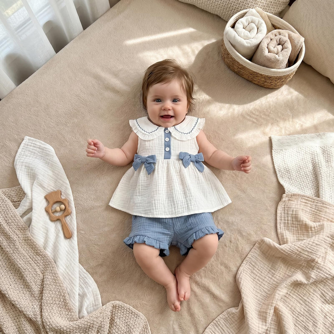 Amnnchya Toddler Girl Clothes Baby Summer Spring Outfits Cute Bow Button Smocked Ruffle Sleeve Tops ＋ Girls Shorts Set WEBE CLOTHING